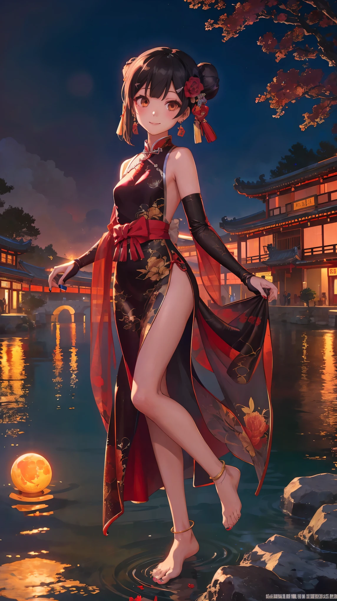 best quality,official art,extremely detailed CG unity 8k wallpaper, (wide shot),1girl, (Miyu Edelfelt),loli,black hair,brown eyes,seductive smile,nsfw, barefoot, see-through dress, butterfly, butterfly hair ornament, backless dress, chinese clothes,sleeveless, double bun,golden dragon print,bare foot,see-through,elbow gloves,hair bun, hair ornament,jewelry,earrings,bead anklet,slim legs,nail polish, small breasts, solo, toenail polish, toenails, toes, twintails,outdoor,Chinese style architecture, Chinese style, lake, ancient town, beautiful and meticulous water,the red lantern,fireworks,full moon