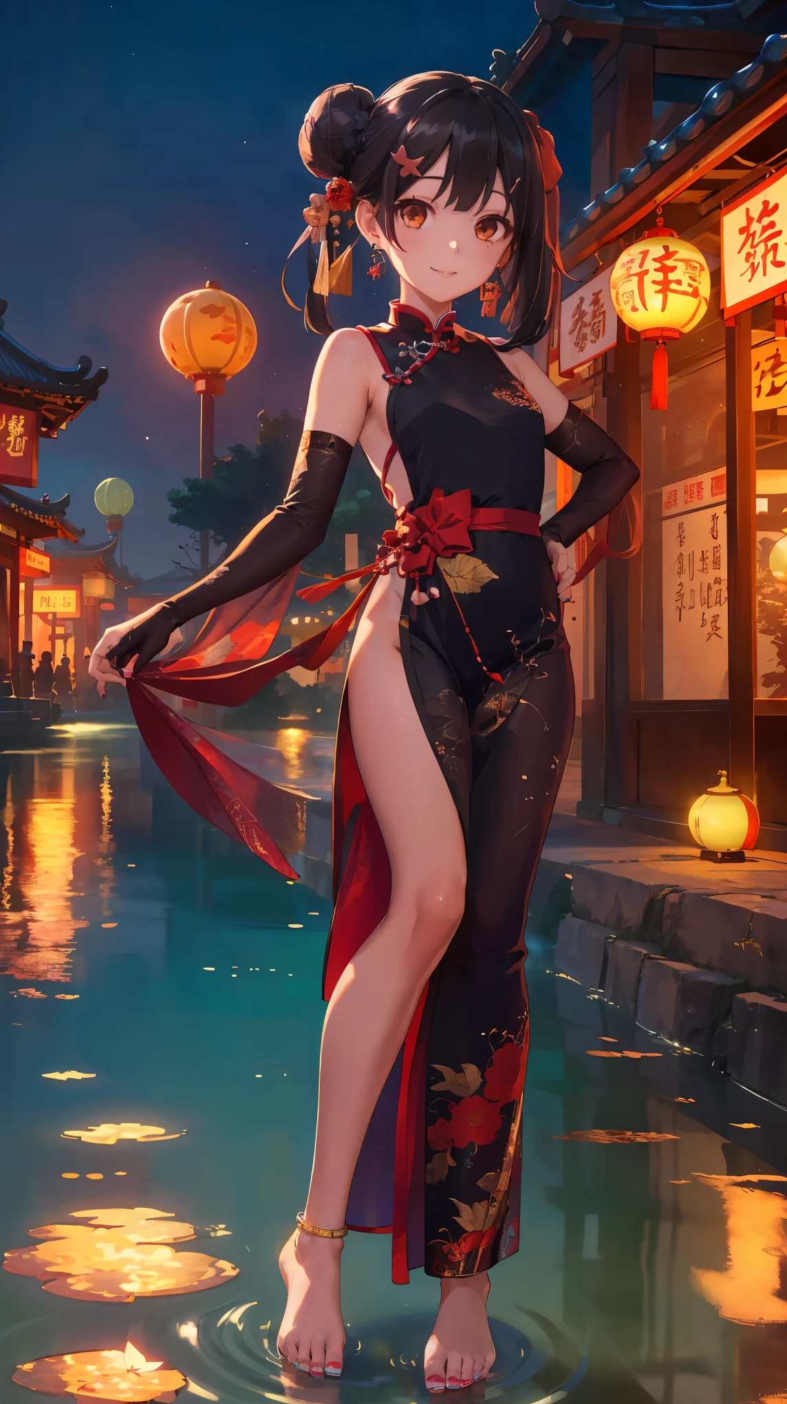 best quality,official art,extremely detailed CG unity 8k wallpaper, (wide shot),1girl, (Miyu Edelfelt),loli,black hair,brown eyes,seductive smile,nsfw, barefoot, see-through dress, butterfly, butterfly hair ornament, backless dress, chinese clothes,sleeveless, double bun,golden dragon print,bare foot,see-through,elbow gloves,hair bun, hair ornament,jewelry,earrings,bead anklet,slim legs,nail polish, small breasts, solo, toenail polish, toenails, toes, twintails,outdoor,Chinese style architecture, Chinese style, lake, ancient town, beautiful and meticulous water,the red lantern,fireworks,full moon