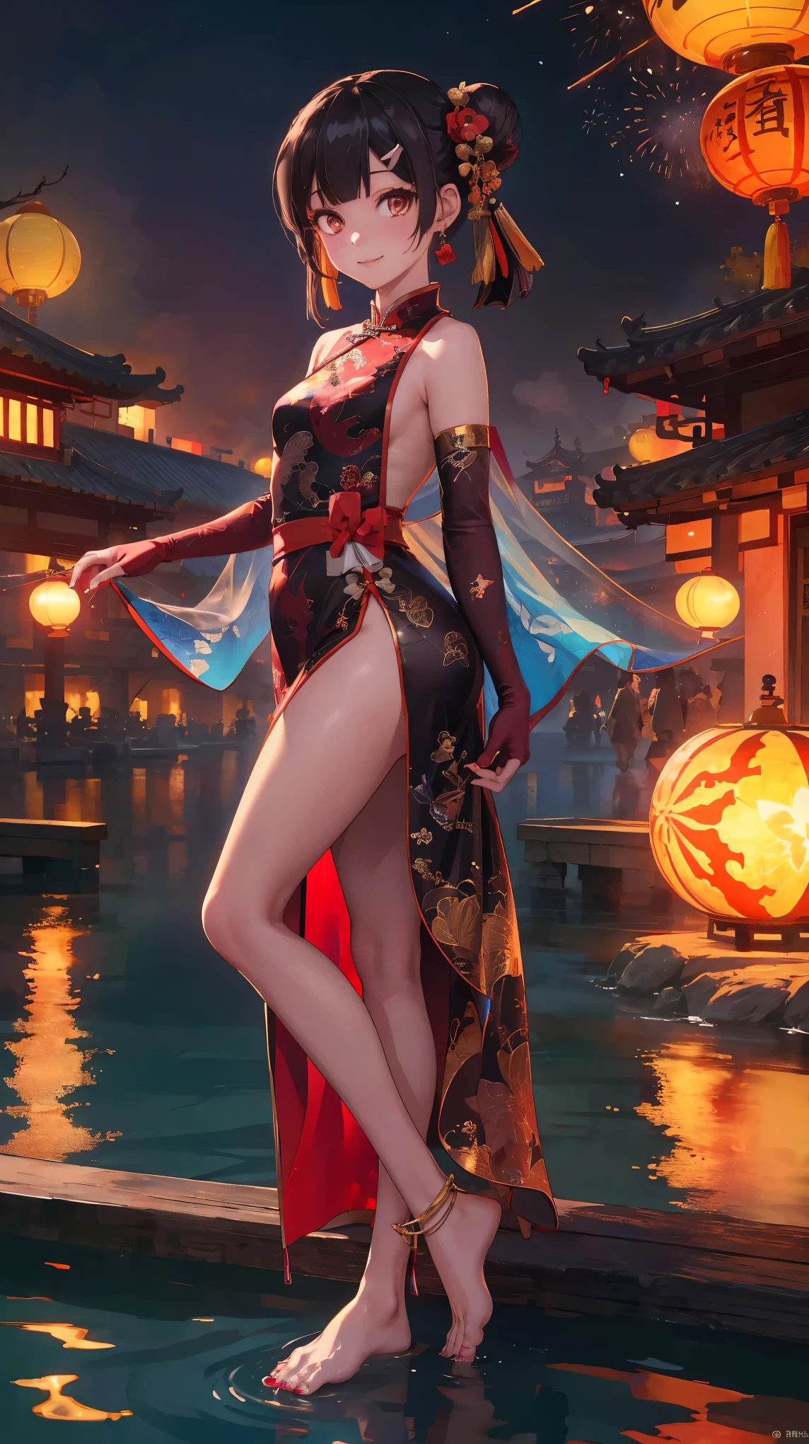 best quality,official art,extremely detailed CG unity 8k wallpaper, (wide shot),1girl, (Miyu Edelfelt),loli,black hair,brown eyes,seductive smile,nsfw, barefoot, see-through dress, butterfly, butterfly hair ornament, backless dress, chinese clothes,sleeveless, double bun,golden dragon print,bare foot,see-through,elbow gloves,hair bun, hair ornament,jewelry,earrings,bead anklet,slim legs,nail polish, small breasts, solo, toenail polish, toenails, toes, twintails,outdoor,Chinese style architecture, Chinese style, lake, ancient town, beautiful and meticulous water,the red lantern,fireworks,full moon