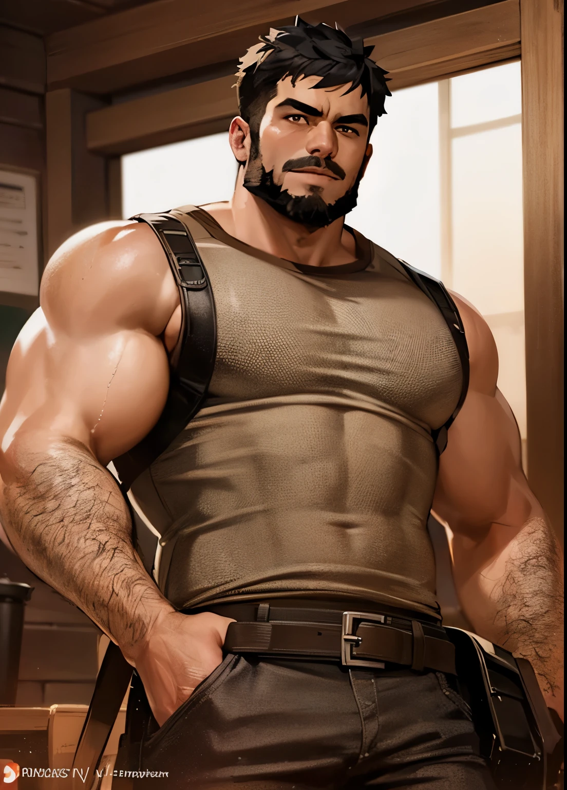 Masterpiece, Best Quality, Ultra-Detailed, 1man, solo, hunk, bara, jock, muscular, black hair, black beard, chin beard, mustache,  there is a man with a beard and a brown flowered sleeveless shirt, attractive beefy male, muscular character, rugged male, handsome, human male character art, official character art, male character design, as a titan, muscular male hero, male character, blair armitage, mid-shot of a hunky