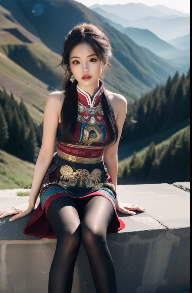 (whole body:1.5)，(1 girl:1.3),(view viewer:1.4)，(anatomically correct:1.4),(Opaque pantyhose:1.3),(sit on the top of the mountain:1.2),(Wearing a Miao dress:1.2),,( pointed toe block heels :1.1),(precise、perfect face shape:1.3),(long legs:1.3),Ultra high quality, Ray tracing, reflected light， Correct structure, Award-winning, high detail, Lighten shadow contrast, facial lighting ，light, masterpiece, Super details, high quality, high detail, best quality, 16k，high contrast,