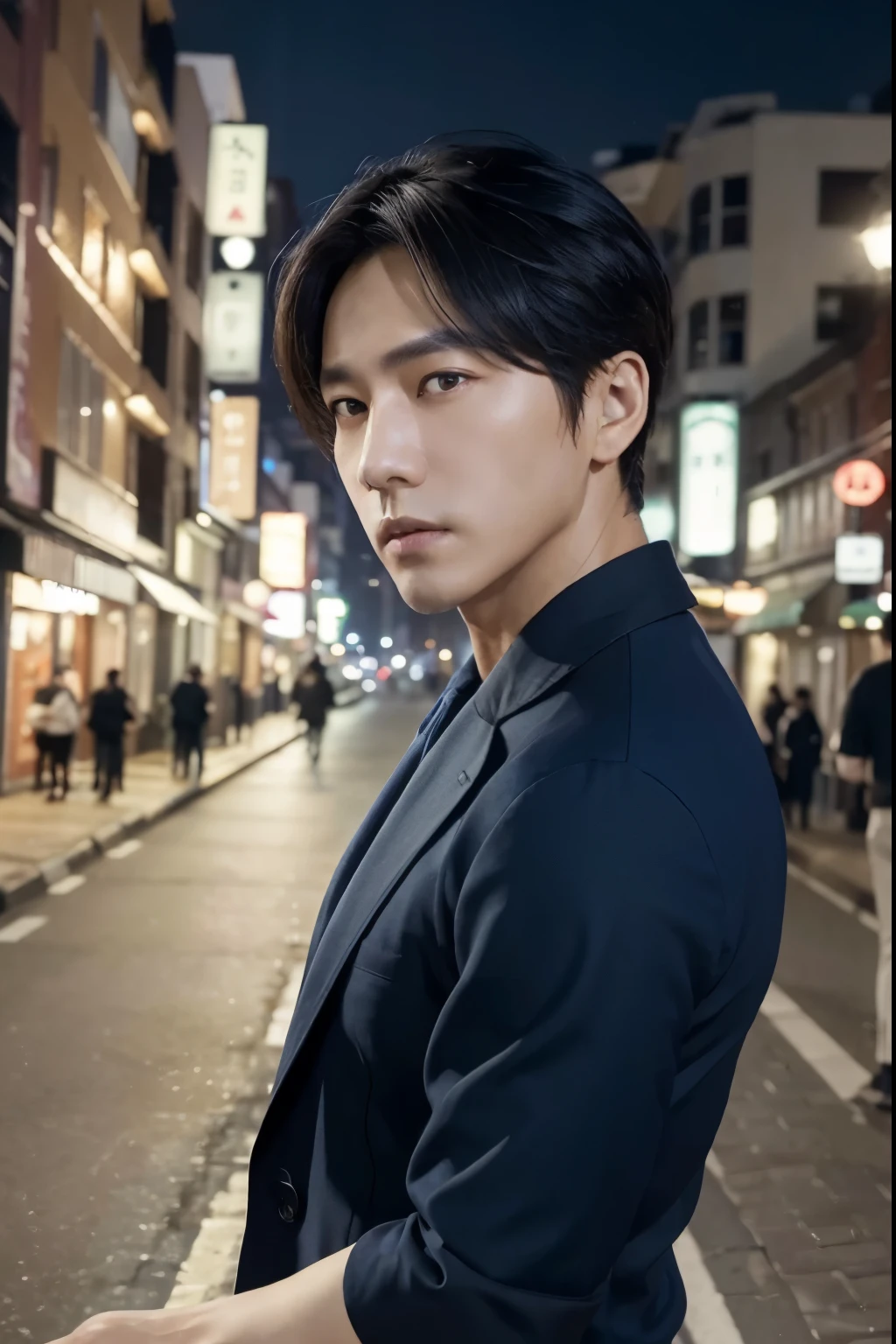 8K, highest quality, masterpiece, realistic, ultra detail, photo realistic, Improvement of quality, Korean man standing on the street in Itaewon, In a dark and gloomy designer style, voluminous mass, photo bash, calm face, jagged edges, navy, beauty of nature, close up shot,casual spiral short
