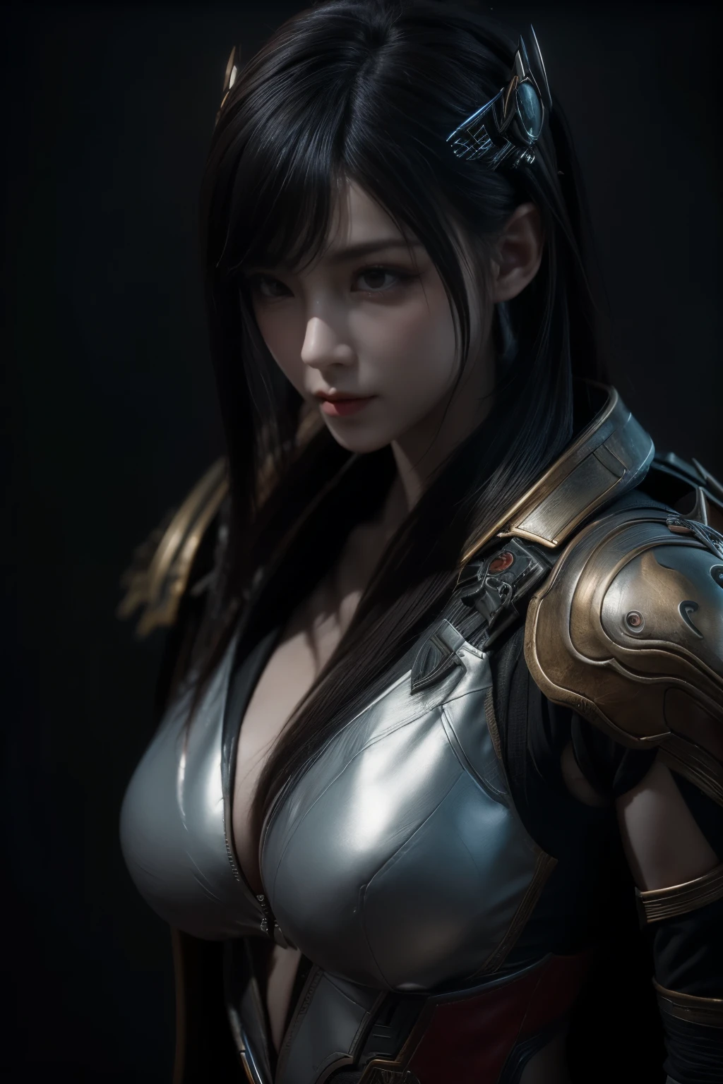 Masterpiece,Game art,The best picture quality,Highest resolution,8K,(A bust photograph),(Portrait),(Head close-up),(Rule of thirds),Unreal Engine 5 rendering works,(Digital Photography),
20 year old girl,Short hair details,With long bangs,The red eye makeup is very meticulous,(Short White Hair,Fiery red eyes),(Large, full breasts),
(A combat suit that combines fantasy and science fiction,Chinese ancient style clothing combined with sci-fi elements,Shoulder pads,Hollow design,The Devil's Crown,Metallic texture,Cloak),Valkyrie in the world of cyberpunk,Grey background,
Movie lights，Ray tracing，Game CG，((3D Unreal Engine))，oc render reflection texture