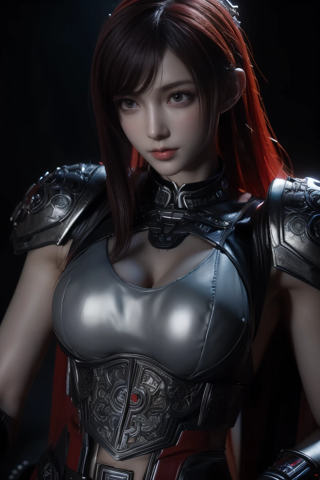Masterpiece,Game art,The best picture quality,Highest resolution,8K,(A bust photograph),(Portrait),(Head close-up),(Rule of thirds),Unreal Engine 5 rendering works,(Digital Photography),
20 year old girl,Short hair details,With long bangs,The red eye makeup is very meticulous,(Short White Hair,Fiery red eyes),(Large, full breasts),
(A combat suit that combines fantasy and science fiction,Chinese ancient style clothing combined with sci-fi elements,Shoulder pads,Hollow design,The Devil's Crown,Metallic texture,Cloak),Valkyrie in the world of cyberpunk,Grey background,
Movie lights，Ray tracing，Game CG，((3D Unreal Engine))，oc render reflection texture