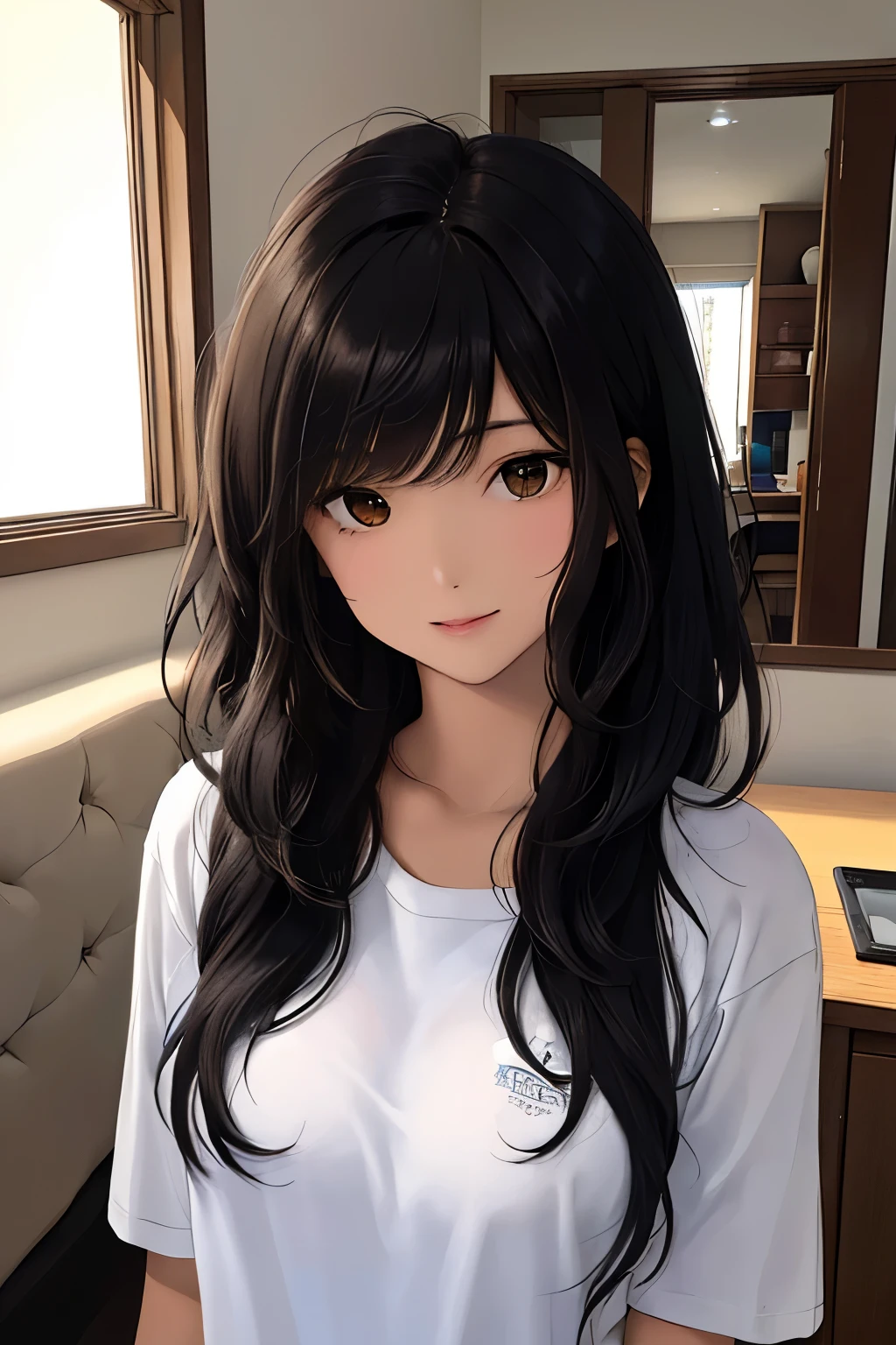 Best Quality,1 girl,by the wide,black fur,bangs full hhd black shirt