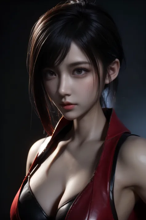 Masterpiece,Game art,The best picture quality,Highest resolution,8K,(A bust photograph),(Portrait),(Head close-up),(Rule of thirds),Unreal Engine 5 rendering works,(Digital Photography),
20 year old girl,Short hair details,With long bangs,The red eye makeu...