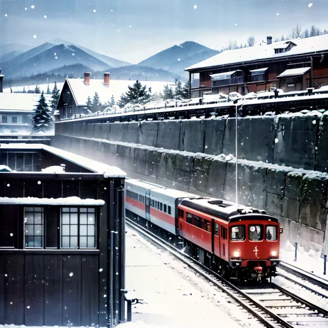  diesel engine railway with through door,empire of japan,A 3-car box train,a snowy landscape,Stopping at the station