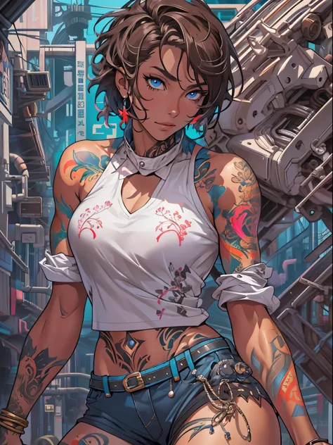 brown skin and blue eyes、Cyberpunk woman with short brown hair, She is wearing a loose white blouse and 8K swimming trunks。._wal...
