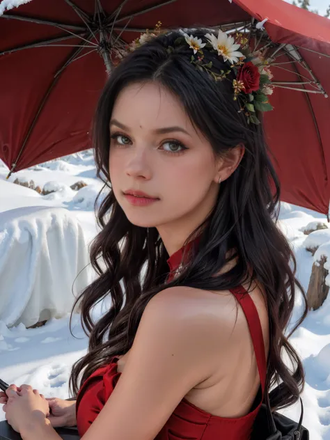 close-up portrait of a beautiful woman nice hair style, at the snow jungle, wearing red dress, tight, (backlight), realistic, ma...