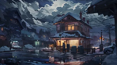 night scene of house with street lights, stormy weather, dark, anime background art, snowy night, lofi art style, beautiful anim...