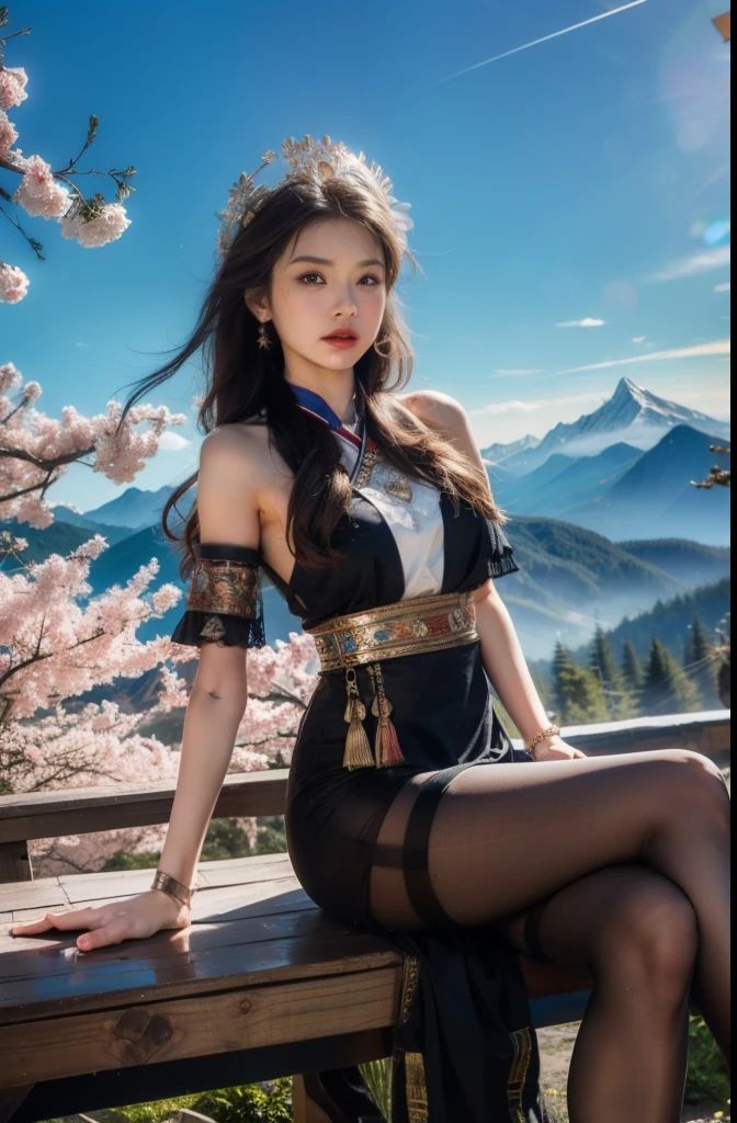 (background：The mountains are full of cherry blossoms，There are mountains and fog)(whole body:1.5)，(1 Hmong girl:1.3),(view viewer:1.4)，(anatomically correct:1.4),(Completely see-through pantyhose:1.3),(sit on the top of the mountain:1.2),(Wearing a Miao dress:1.2),,( pointed toe block heels :1.1),(precise、perfect face shape:1.3),(spread legs，long legs:1.3),Wearing a Miao headdress，Spread, spread your legs，Ultra high quality, Ray tracing, reflected light， Correct structure, Award-winning, high detail, Lighten shadow contrast, facial lighting ，light, masterpiece, Super details, high quality, high detail, best quality, 16k，high contrast,