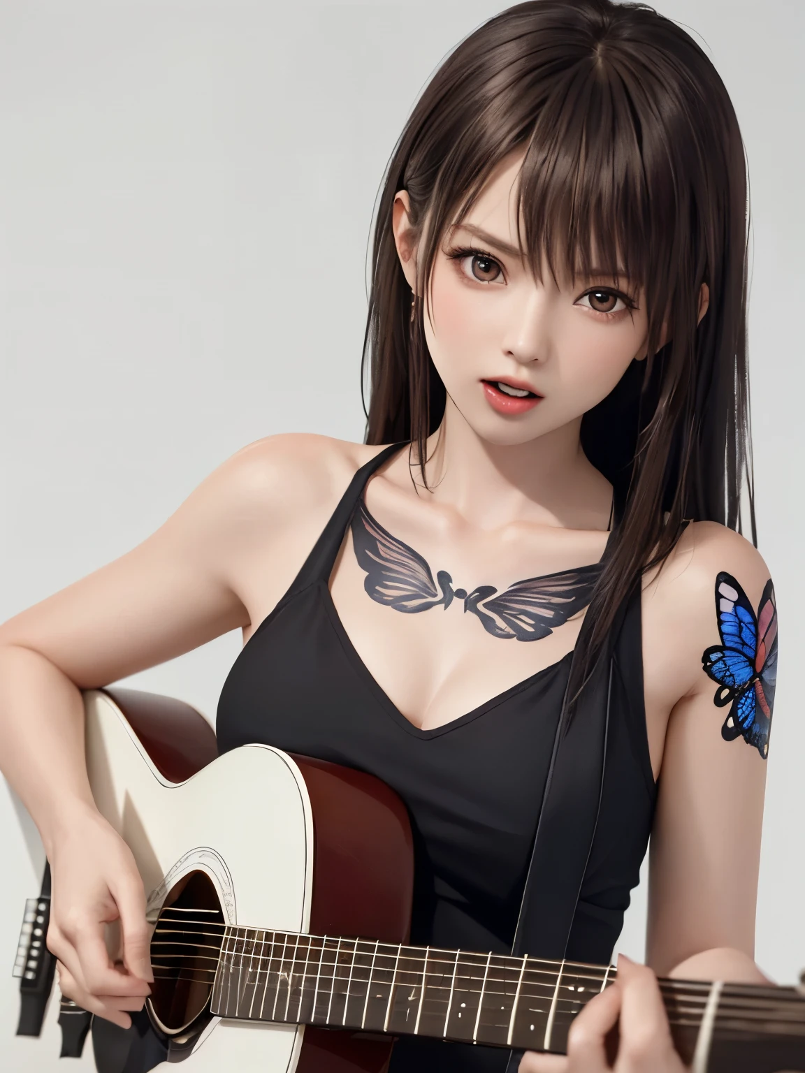 (((best image quality、8k、Beautiful woman、pure white wall background)))、guitarist、play the guitar、long hair woman、black hair、fierce expression、tongue out、frown、angry、wearing a black dress、I have a tattoo on my arm、butterfly tattoo on chest