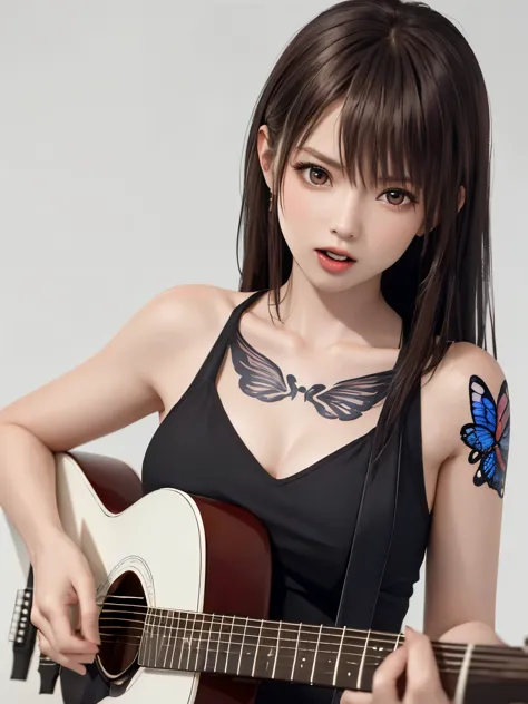 (((best image quality、8k、Beautiful woman、pure white wall background)))、guitarist、play the guitar、long hair woman、black hair、fier...