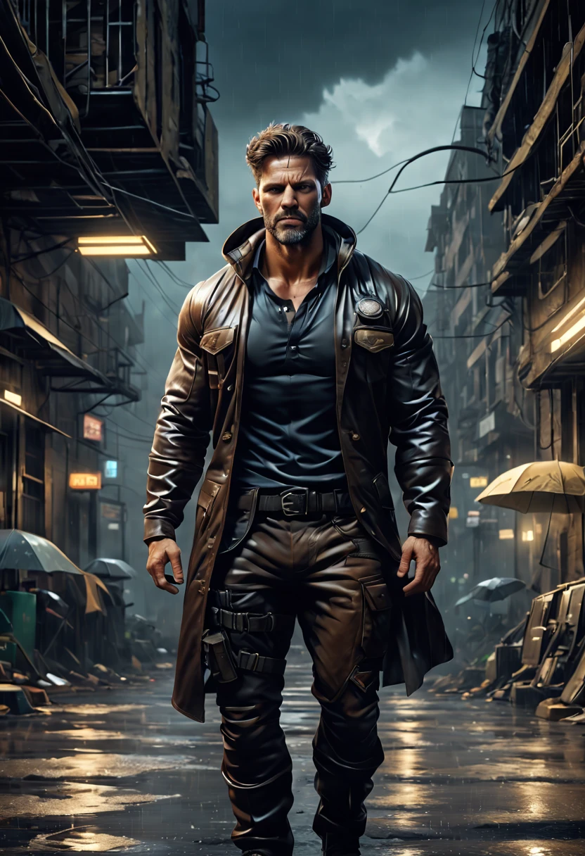 realist:1.3,( fotorrealist, 8k, RAW Photos, Premium quality, Masterpiece, epic lighting. close up, Centered image), (foreground),((1 beautiful man, self-confident, well-formed muscles, Post Apocalyptic, Guerrero, Perfectly detailed face and body, (foreground), rainy scene, poca iluminacion because of the rain,wet clothes and hair, because of the rain, drops falling on clothes and face, rostro y cuerpo mojados because of the rain,lightning lighting, dynamic pose, beautiful and detailed hair, Leather Clothes))