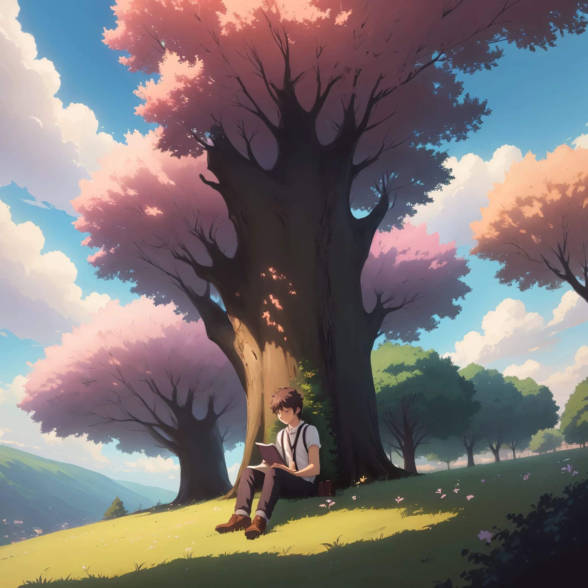 Anime boy sitting under a tree and reading a book, makoto shinkai cyril rolando, nature of anime wallpap, nature of anime, anime art wallpaper 8k, reading under the tree, anime art wallpaper 4k, anime art wallpaper 4k, Art Station Art for Kids, ghibli art style, Created at Anime Artist Studio, anime rush john 8k forest