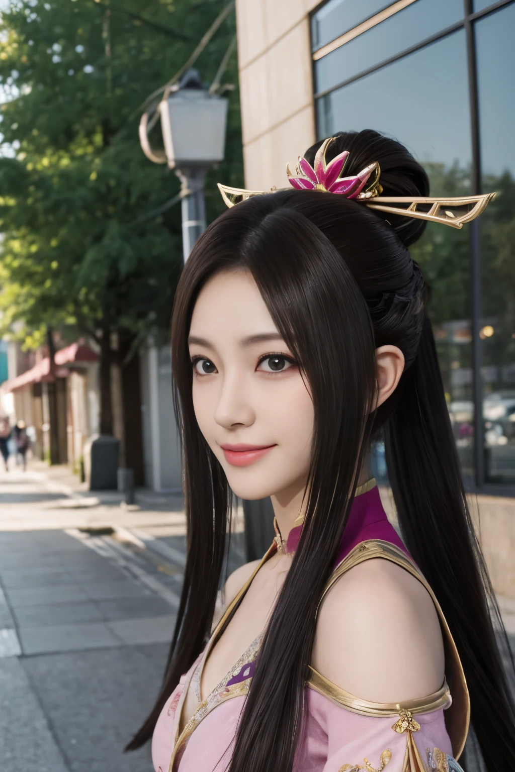 Diaochan de Sangoku Musou 8,超realidad的な,adornos para el cabello,Disfraz perfecto de Diaochan,Pieza de estrella de doble cola、1 linda chica、1 estudiante de secundaria、sonrisa,Ojos finos、ojos hinchados、brillante al aire libre,Centro luminoso、de la máxima calidad, 超Alta resolución, (realidad: 1.4), iluminación de película、japonés、asian beauty、coreano、Super hermosa、Piel hermosa、cuerpo mirando hacia adelante、todo el cuerpo,Parte superior del cuerpo、(超realidad的な)、(Alta resolución)、(8K)、(Muy detallado)、(美しくOjos finos)、(Súper detallado)、 (muro-)、cara detallada、iluminación brillante、Iluminación profesional、mirando al espectador、mira hacia adelante、flequillo inclinado、Pelo castaño、Ídolo de Nogizaka、