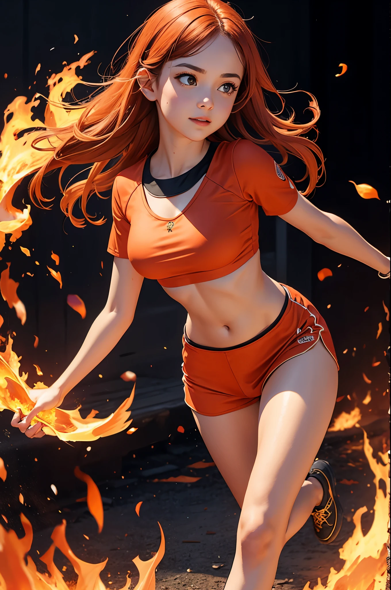 full body, fire girl, midriff