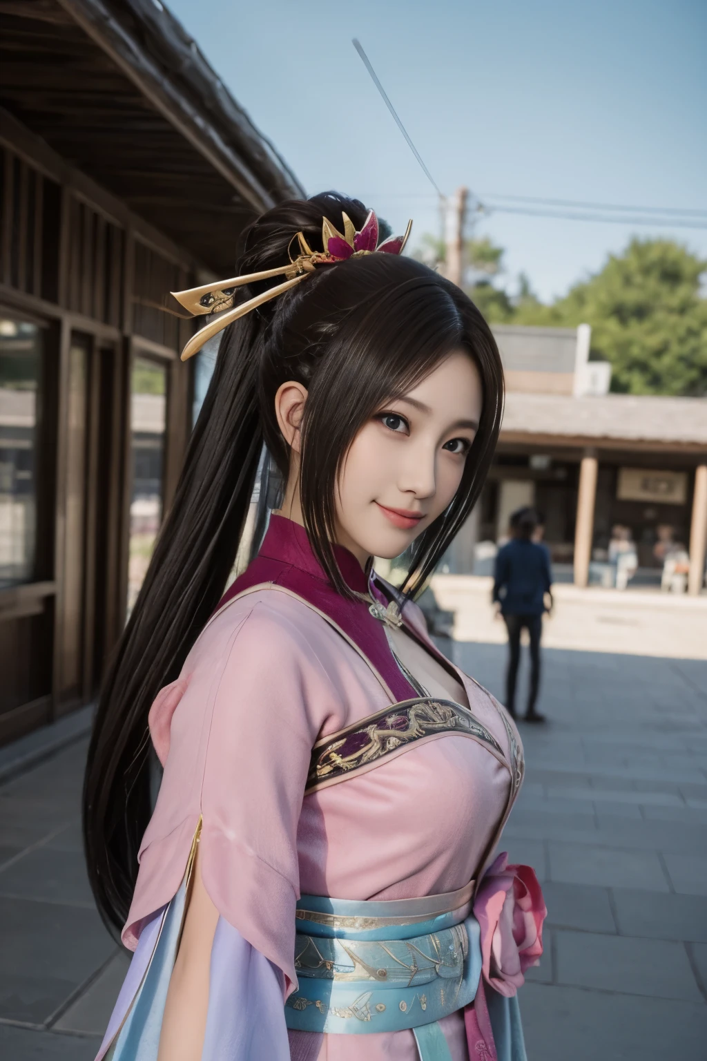 Diaochan from Sangoku Musou 8,超reality的な,hair ornaments,Perfect Diaochan costume,twin tail star piece、1 cute girl、17 year old high school student、smile,fine eyes、puffy eyes、bright outdoors,Bright downtown、highest quality, 超High resolution, (reality: 1.4), movie lighting、Japanese、asian beauty、Korean、super beautiful、beautiful skin、body facing forward、whole body,Upper body、(超reality的な)、(High resolution)、(8k)、(very detailed)、(美しくfine eyes)、(Super detailed)、 (wall-)、detailed face、bright lighting、professional lighting、looking at the viewer、look straight ahead、slanted bangs、brown hair、Nogizaka Idol、