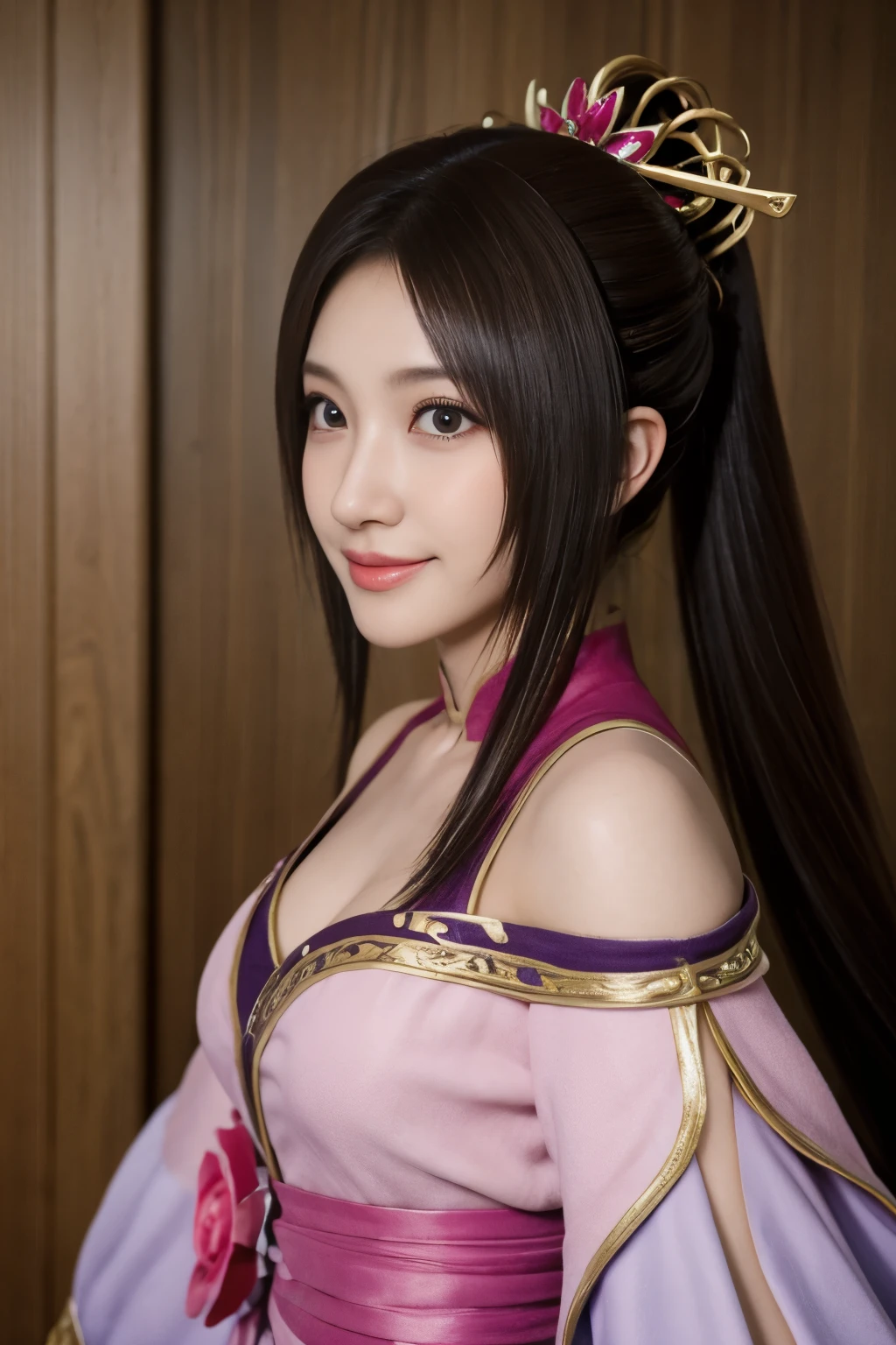 Diaochan from Sangoku Musou 8,超現實的な,髮飾,完美貂蟬古裝,雙尾星片、1個可愛的女孩、高中生1名、微笑,漂亮的眼睛、眼睛浮腫、明亮的內飾,光明法院、最好的品質, 超高解析度, (現實: 1.4), 電影燈光、日本人、亞洲美女、韓國人、超漂亮、美麗的肌膚、身體面向前方、全身,上半身、(超現實的な)、(高解析度)、(8K)、(非常詳細)、(美しく漂亮的眼睛)、(超詳細)、 (牆-)、詳細的臉、明亮的燈光、專業照明、看著觀眾、直視、斜瀏海、棕色的頭髮、乃木坂偶像、