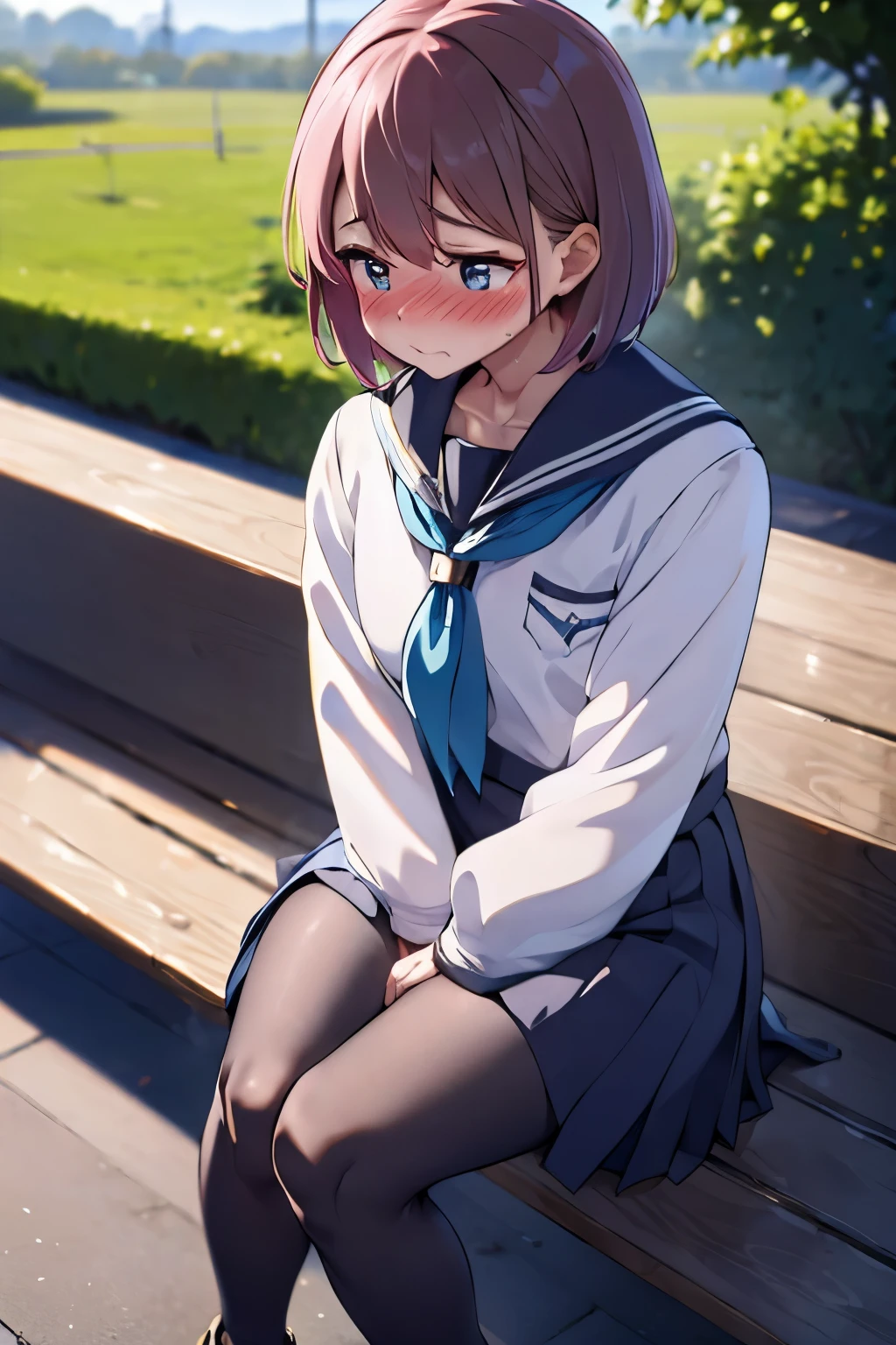 Anime girl sitting on a bench in a park with a green field in the  background - SeaArt AI