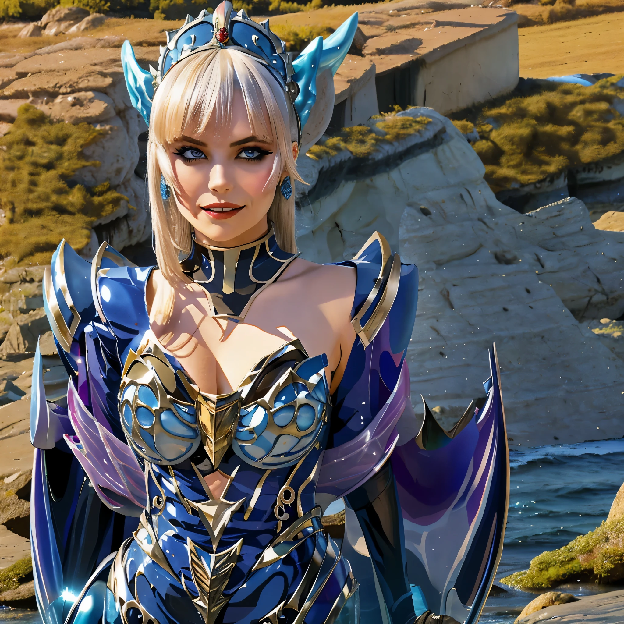 Villainous Armored Alien Princess with water-based powers,
(Super villainous) (beautiful face:1.5)
 adorned in asymmetrical, stylized armor,
 with seductive aquatic design,
 emitting a wicked, erotic smile, (villainous laughter:1.3).