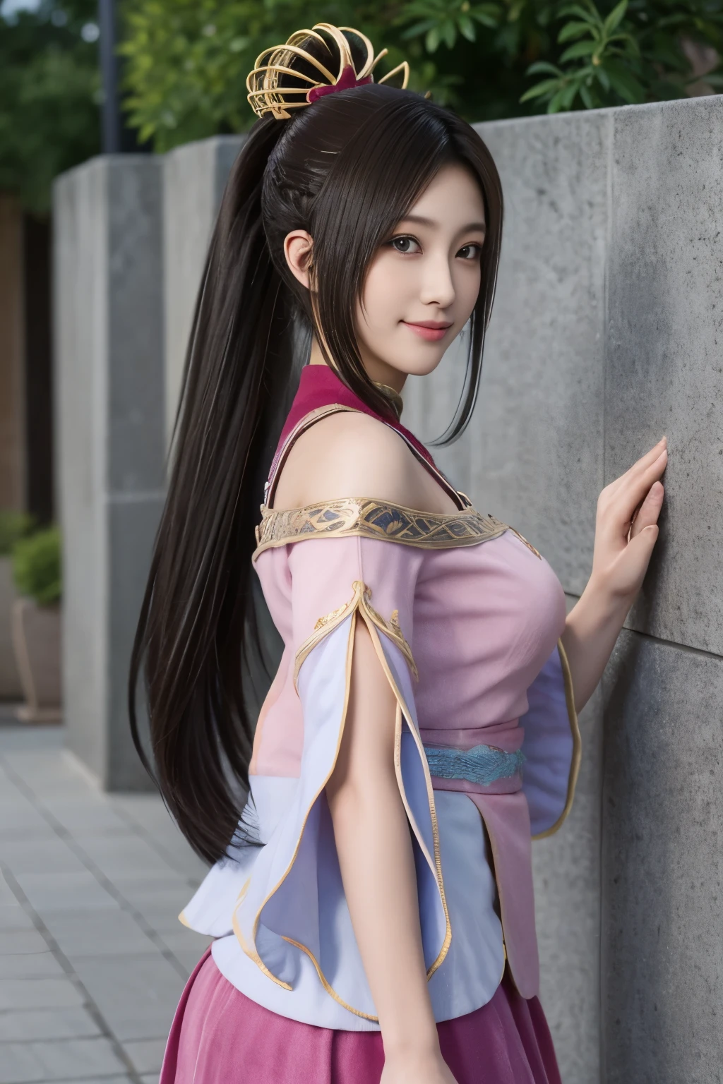 Diaochan from Sangoku Musou 8,超reality的な,hair ornaments,Perfect Diaochan costume,twin tail star piece、1 cute girl、17 year old high school student、smile,fine eyes、puffy eyes、bright outdoors,Bright downtown、highest quality, 超High resolution, (reality: 1.4), movie lighting、Japanese、asian beauty、Korean、super beautiful、beautiful skin、body facing forward、whole body,Upper body、(超reality的な)、(High resolution)、(8k)、(very detailed)、(美しくfine eyes)、(Super detailed)、 (wall-)、detailed face、bright lighting、professional lighting、looking at the viewer、look straight ahead、slanted bangs、brown hair、Nogizaka Idol、