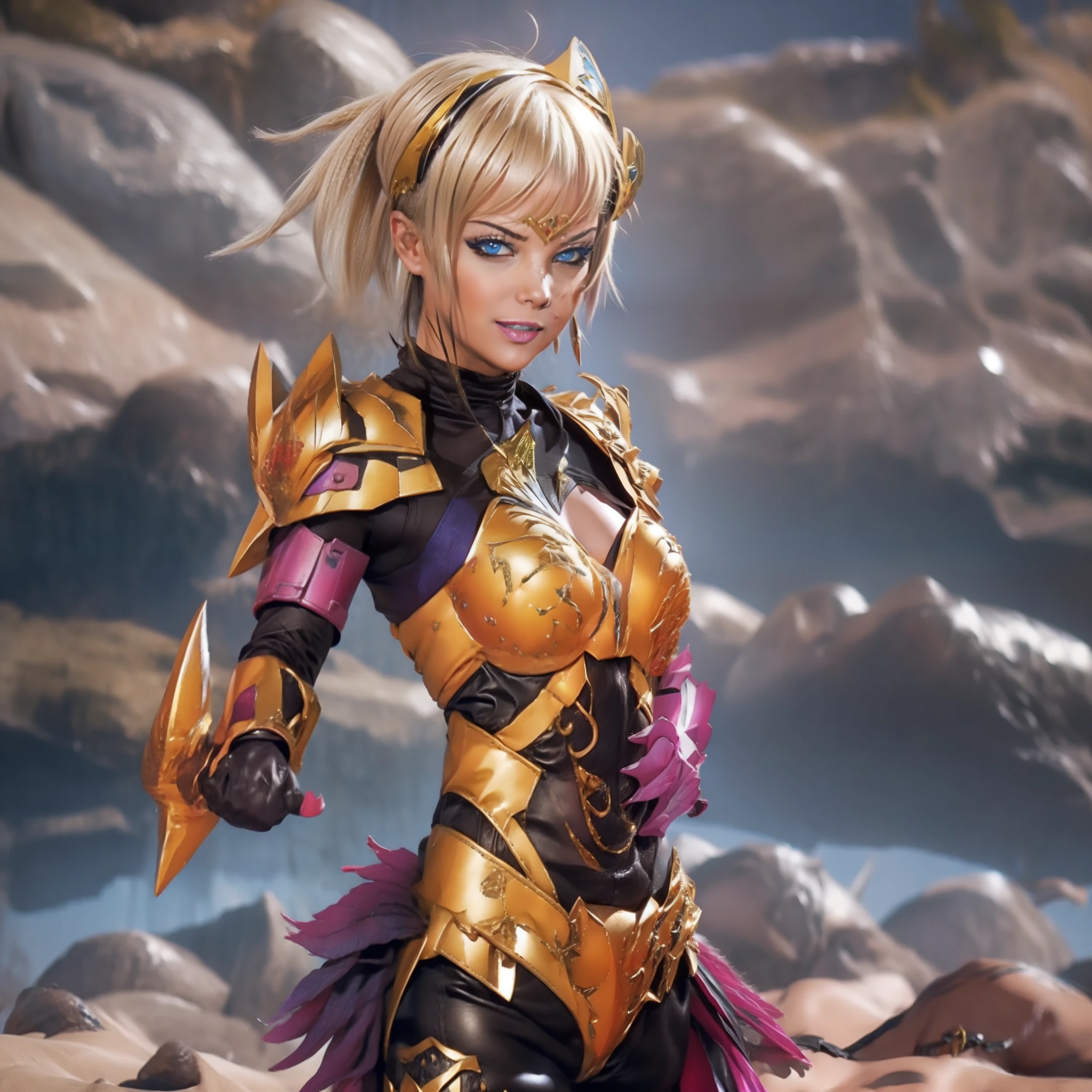 Armored Armalien princess with short, vibrant yellow hair and electrifying powers resides in an uncharted galaxy. Her asymmetrical, stylized golden armor, adorned with electric design elements, shines brightly, reflecting her villainous personality. Her seductive smile and a provocative laugh accentuate her allure, contrasting the intimidating aura of her armor.