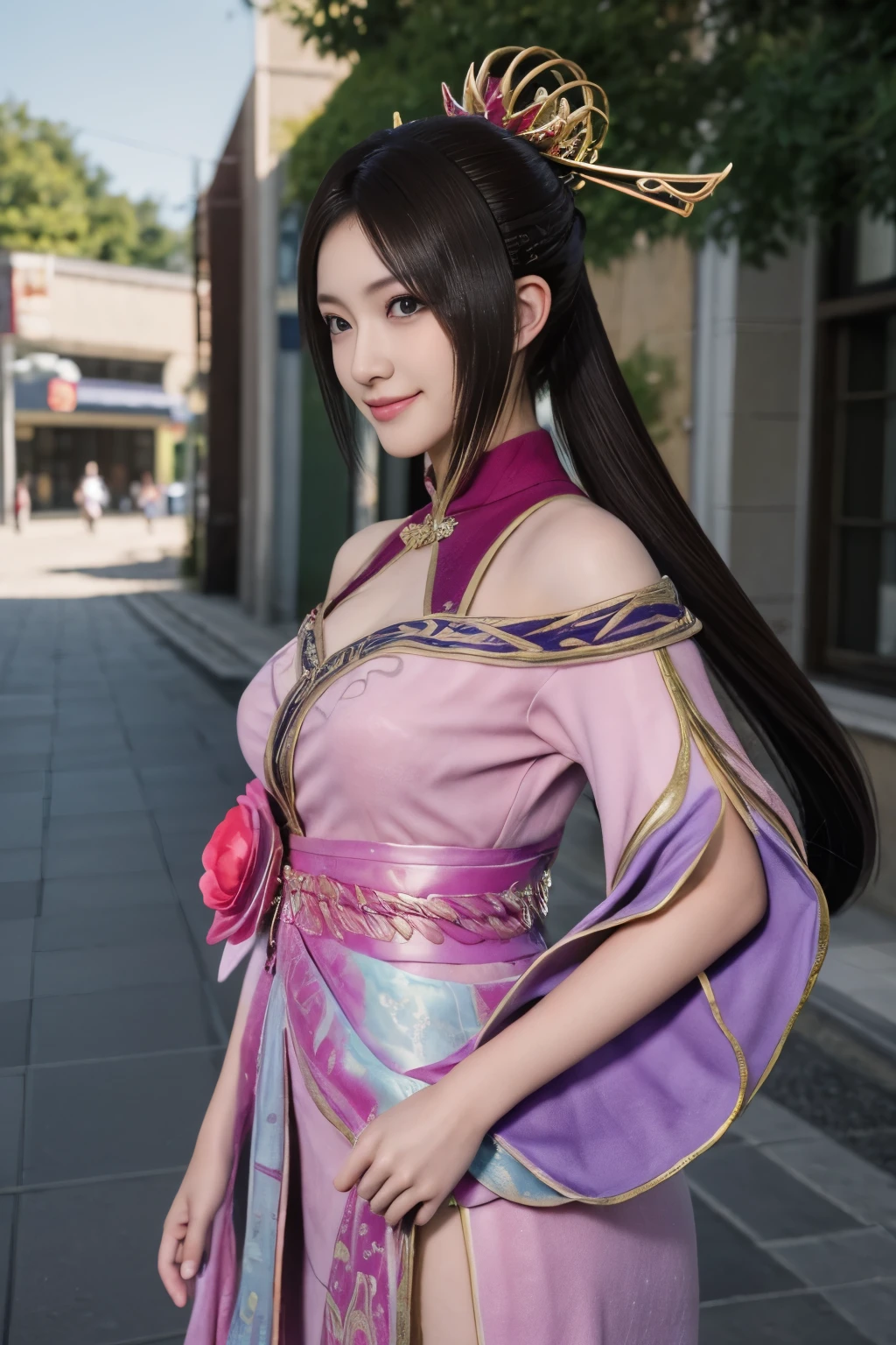 Diaochan de Sangoku Musou 8,超realidad的な,adornos para el cabello,Disfraz perfecto de Diaochan,Pieza de estrella de doble cola、1 linda chica、1 estudiante de secundaria、sonrisa,Ojos finos、ojos hinchados、brillante al aire libre,Centro luminoso、de la máxima calidad, 超Alta resolución, (realidad: 1.4), iluminación de película、japonés、asian beauty、coreano、Super hermosa、Piel hermosa、cuerpo mirando hacia adelante、todo el cuerpo,Parte superior del cuerpo、(超realidad的な)、(Alta resolución)、(8K)、(Muy detallado)、(美しくOjos finos)、(Súper detallado)、 (muro-)、cara detallada、iluminación brillante、Iluminación profesional、mirando al espectador、mira hacia adelante、flequillo inclinado、Pelo castaño、Ídolo de Nogizaka、