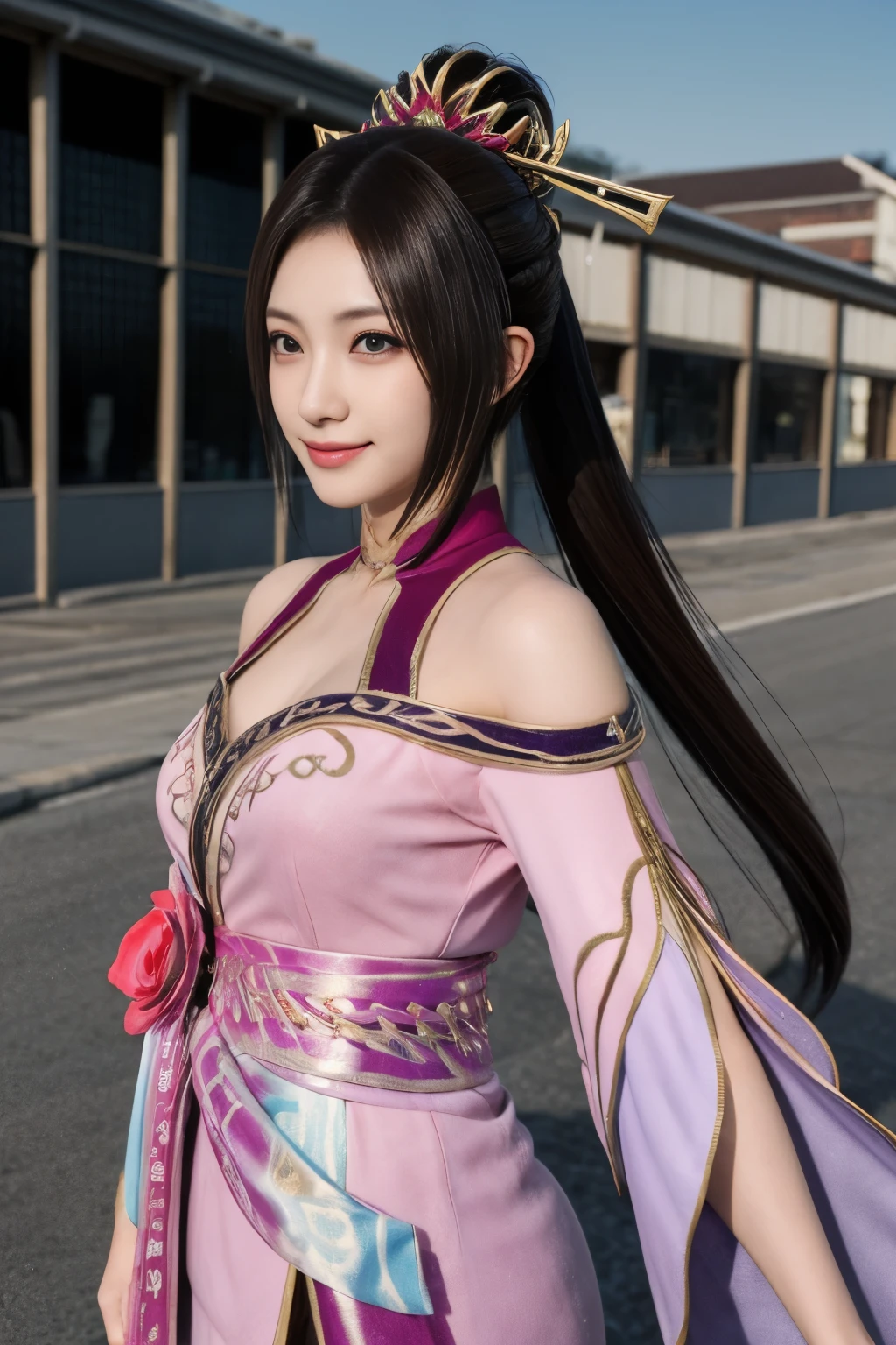 Diaochan de Sangoku Musou 8,超réalité的な,ornements de cheveux,Costume Diaochan parfait,Pièce d&#39;étoile à double queue、1 jolie fille、1 élève du lycée、sourire,Beaux yeux、yeux gonflés、Extérieur lumineux,Centre-ville lumineux、la plus haute qualité, 超haute résolution, (réalité: 1.4), éclairage de cinéma、Japonais、Beauté asiatique、coréen、super belle、belle peau、corps tourné vers l&#39;avant、tout le corps,Haut du corps、(超réalité的な)、(haute résolution)、(8k)、(très détaillé)、(美しくBeaux yeux)、(Super détaillé)、 (mur-)、Visage détaillé、éclairage lumineux、Éclairage professionnel、Regarder le spectateur、Regardez droit devant、frange inclinée、cheveux bruns、Idole Nogizaka、