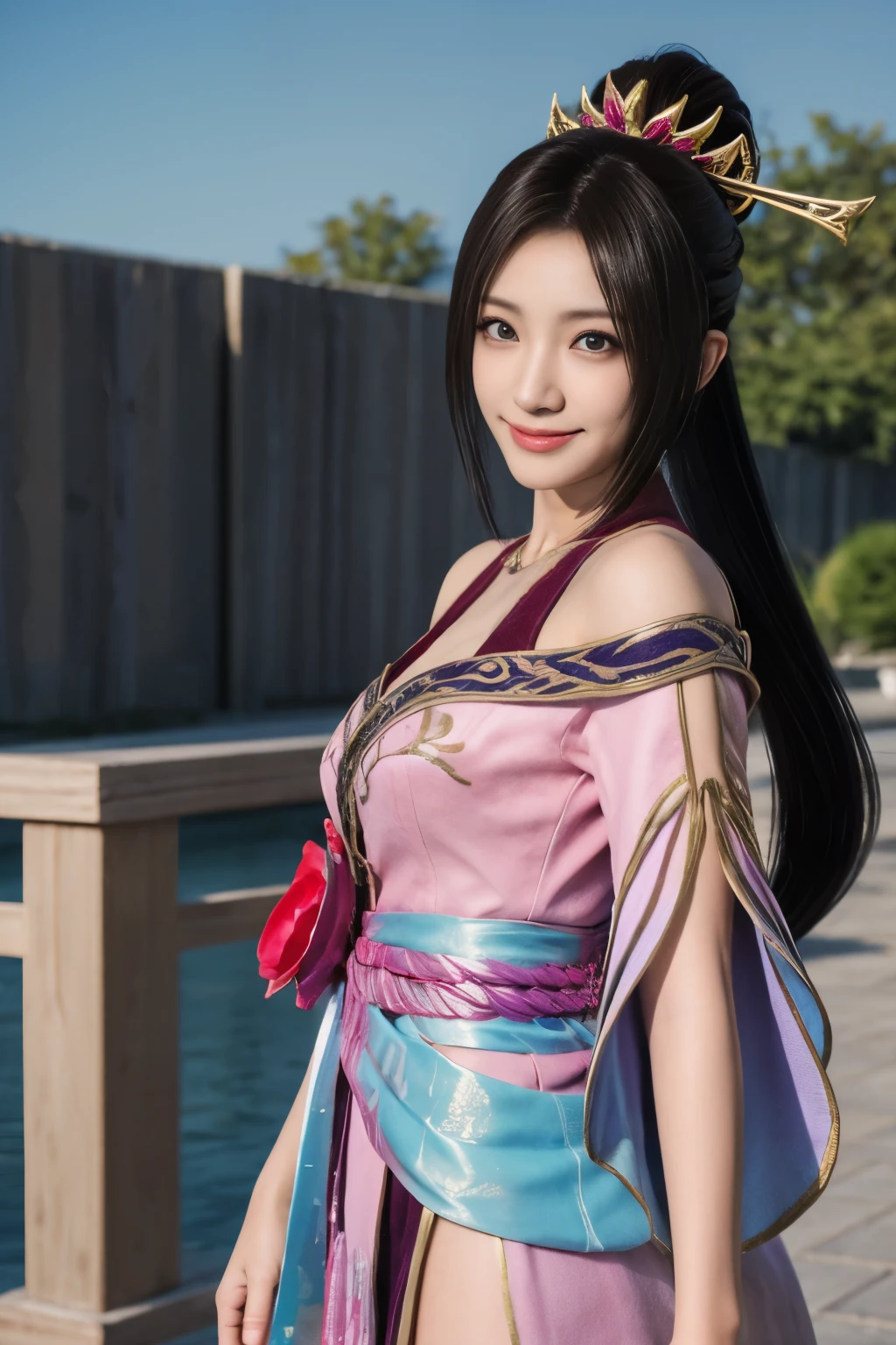 Diaochan from Sangoku Musou 8,超reality的な,hair ornaments,Perfect Diaochan costume,twin tail star piece、1 cute girl、17 year old high school student、smile,fine eyes、puffy eyes、bright outdoors,Bright downtown、highest quality, 超High resolution, (reality: 1.4), movie lighting、Japanese、asian beauty、Korean、super beautiful、beautiful skin、body facing forward、whole body,Upper body、(超reality的な)、(High resolution)、(8k)、(very detailed)、(美しくfine eyes)、(Super detailed)、 (wall-)、detailed face、bright lighting、professional lighting、looking at the viewer、look straight ahead、slanted bangs、brown hair、Nogizaka Idol、