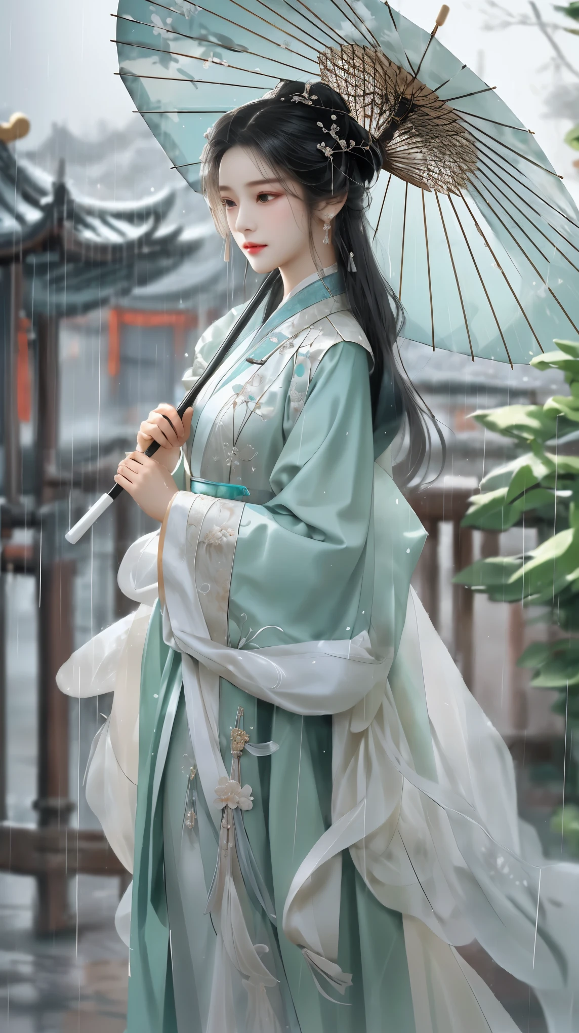 Yue Xiaofei style fashion event，Woman with oil-paper umbrella on her shoulder to protect herself from the rain, light jade, Ethereal dreams, Tang Youhong, elegant, detailed design, dansaekhwa Joil-paper umbrella Hanfu holding umbrella for rain
