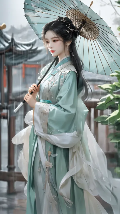 Yue Xiaofei style fashion event，Woman with oil-paper umbrella on her shoulder to protect herself from the rain, light jade, Ethe...