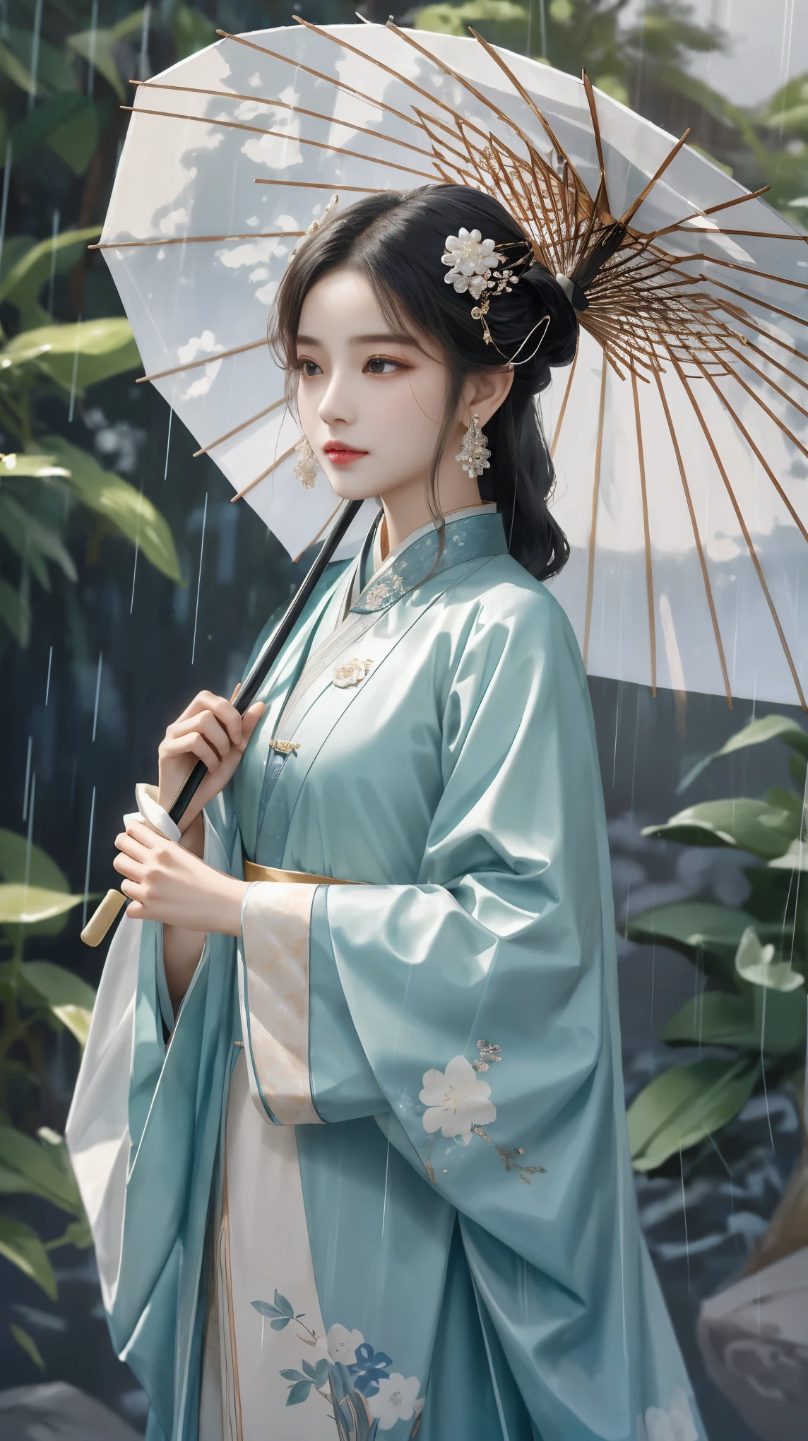 Yue Xiaofei style fashion event，Woman with oil-paper umbrella on her shoulder to protect herself from the rain, light jade, Ethereal dreams, Tang Youhong, elegant, detailed design, dansaekhwa Joil-paper umbrella Hanfu holding umbrella for rain
