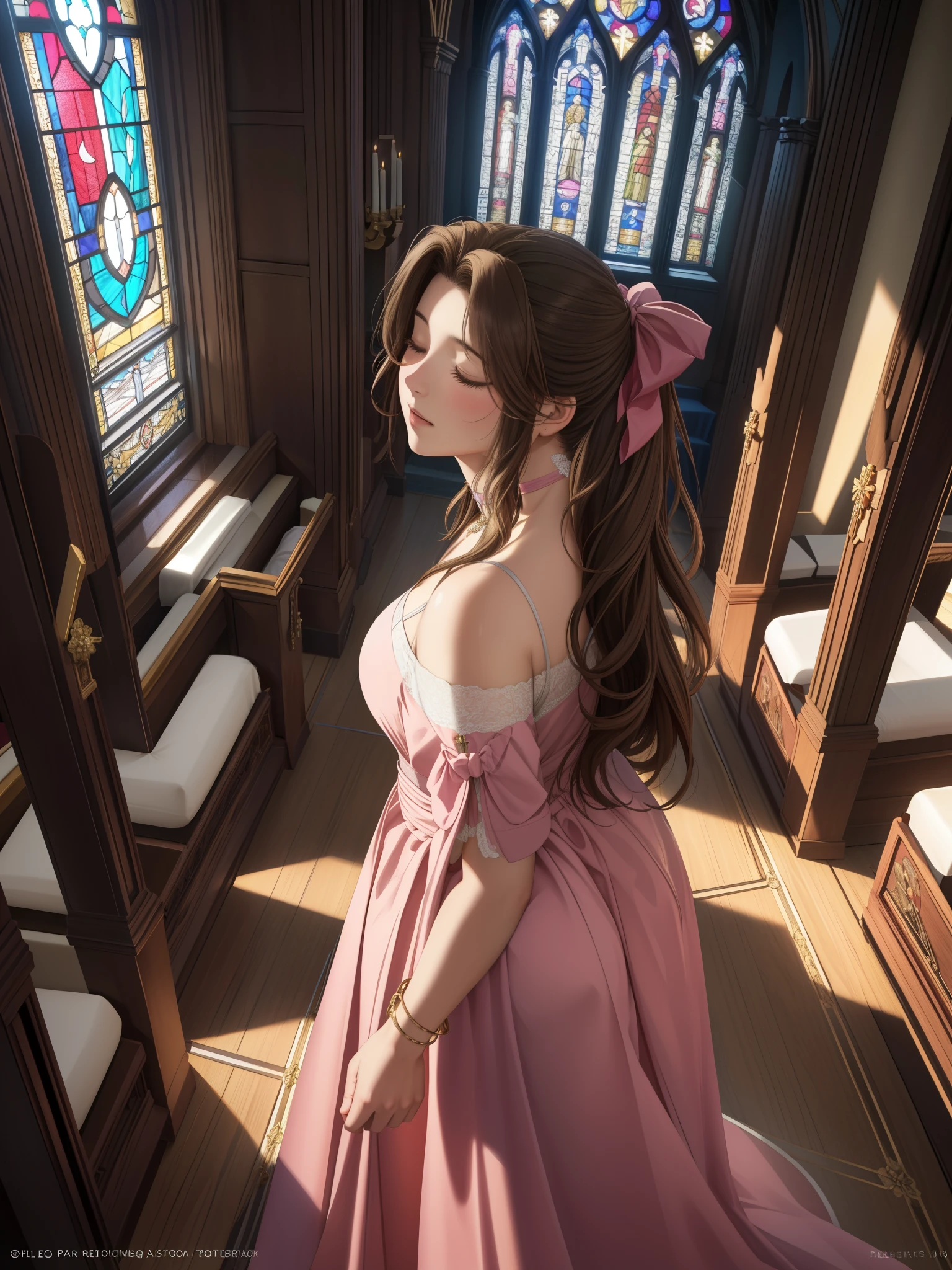 (highest quality,4k,8k,High resolution,masterpiece:1.2),super detailed,(realistic,photorealistic,photo-realistic:1.37),, Aerith Gainsbourg, choker, cropped jacket, hair ribbon, bracelet, pink dress, ((Inside the church, Sleeping quietly on one&#39;s back on the altar of a chapel)), Decorate your body with many beautiful flowers on the altar, In the funeral scene for Aerith who passed away.、Inside the church, Inside the chapel, stained glass window, The composition is bathed in light from the ceiling., Composition looking at her from above