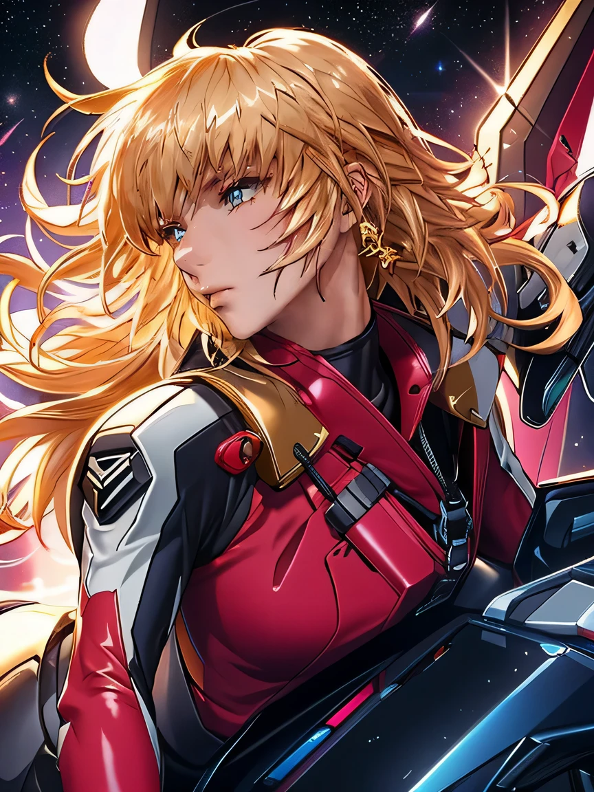 1 girl, alone, Lux 3, golden hair, Full body red bodysuit (form fitting, gold line), black eyes, bob hair, floating hair, eyebrow hair, big breasts, in space battle (motorcycle style cockpit), night, strong light, colorful, glassy, (masterpiece), highest quality, expressive eyes, perfect face