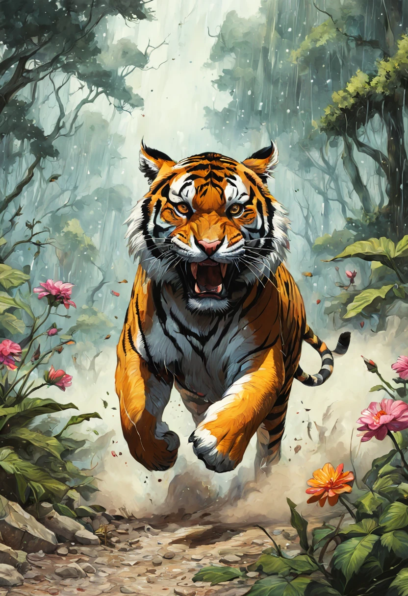 coomplex illustration of a mighty tiger in the jungle very fast  running to the viewer, trees and flower,  in a massive cloud of dust, agression, anger, hyperrealistic scene, heavy rain, detailed focus, art by Aaron Jasinski, epic fantasy scene, vivid colors, Enchanted Masterpiece, Fantasycore, Award-Winning, Masterpiece,  contrast, faded,   
style of Jean Baptiste Monge, Thomas Kinkade, David Palumbo, Carne Griffiths.