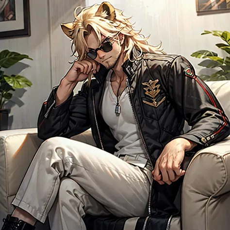 black jacket, ((one male)), lion ears, long hair, blond, blond hair, green eyes, tall, muscular, white shirt, ((beautiful face))...