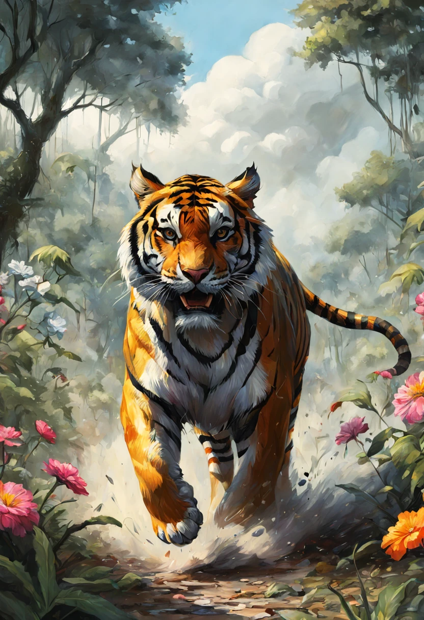 illustration complexe d&#39;un puissant tigre dans la jungle courant très vite vers le spectateur, arbres et fleurs,  dans un énorme nuage de poussière, agression, colère, scène hyperréaliste, forte pluie, Mise au point détaillée, illustration d&#39;Aaron Jasinski, Scène fantastique épique, Couleurs vives, Enchanted chef-d&#39;œuvre, Fantaisiecore, primé, chef-d&#39;œuvre,  contraste, délavé,   
Style de Jean Baptiste Monge, Thomas Kinkadé, David Palumbo, Carne Griffiths.