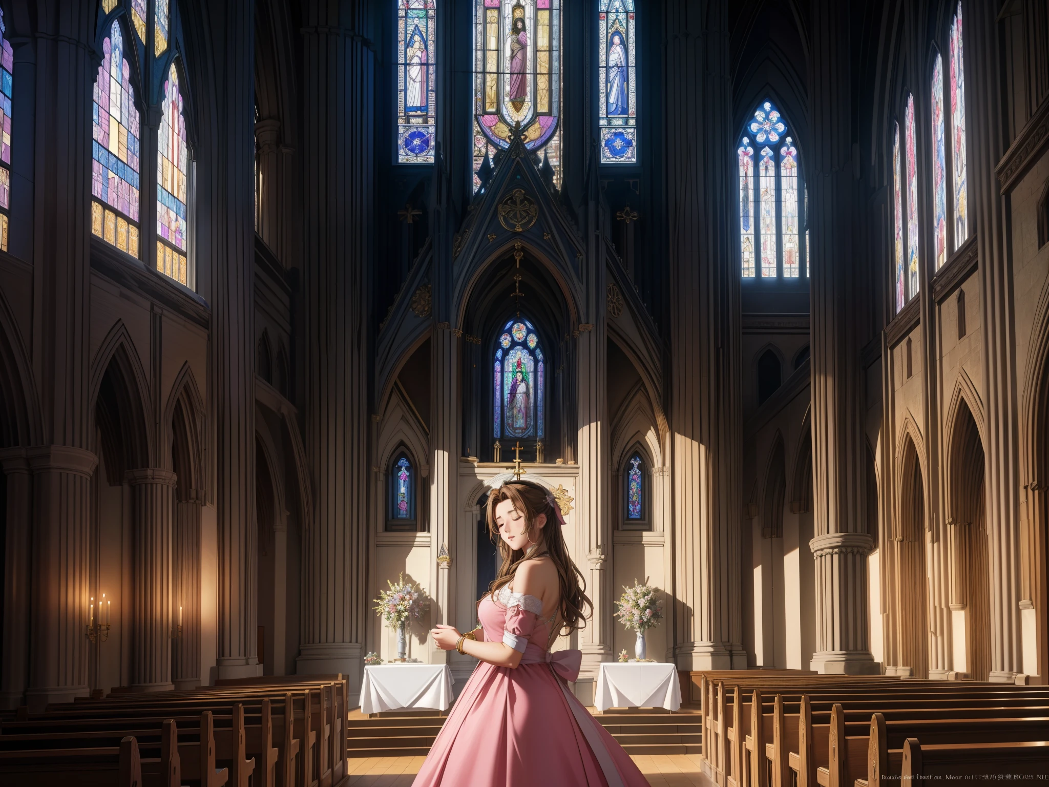 (highest quality,4k,8k,High resolution,masterpiece:1.2),super detailed,(realistic,photorealistic,photo-realistic:1.37),, Aerith Gainsbourg, choker, cropped jacket, hair ribbon, bracelet, pink dress, ((Inside the church, Sleeping quietly on one&#39;s back on the altar of a chapel)), Decorate your body with many beautiful flowers on the altar, In the funeral scene for Aerith who passed away.、Inside the church, Inside the chapel, stained glass window, The composition is bathed in light from the ceiling.,