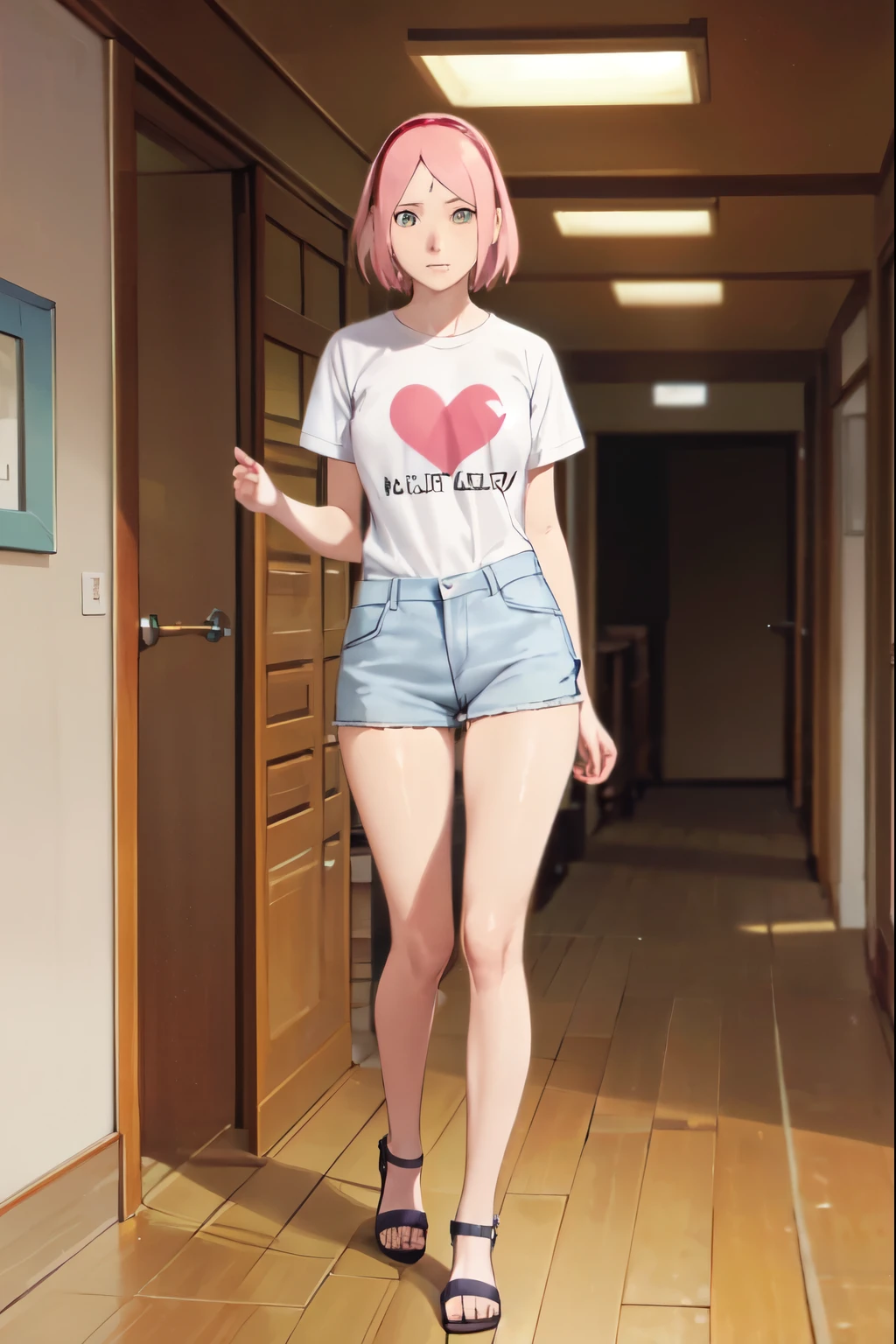 Anime girl in short shorts and a t - shirt standing in a hallway - SeaArt AI