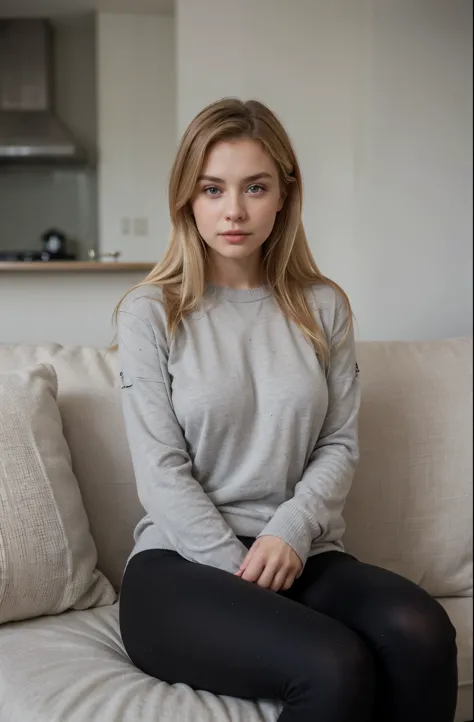 Extremely realistic blonde Russian girl with blonde hair and blue eyes,  wearing a detailed jumper, black legging, upper body, sitting on a sofa  with a blanket - SeaArt AI