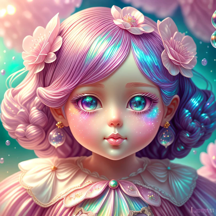 ((masterpiece)). This artwork is sweet, dreamy, and ethereal, with soft pink watercolor hues and lots of ornate cotton candy accents. Generate a delicate and demure fae exploring a (bubblegum world with a wide variety of pastel shades). Her sweet face is extremely detailed and realistic with elegant features, a perfect mouth with puffy kissable lips that are closed, and looks like ((((a fancy Micarah Tewers with plump lips closed)))). Her pursed lips are a uniform pink hue. Include mature features and stunning, highly realistic eyes. Her eyes are important and should be realistic, highly detailed, and beautiful. In high definition and detail, include lots of details like stars, galaxies, colorful bubbles, colorful petals, dripping shimmering paint, iridescence, and lots of energy and emotion. The stars and colorful bubblegum bubbles are important! Include fantasy details, enhanced details, iridescence, colorful glittering wind, and pollen. Pay special attention to her face and make sure it is beautifully and realistically detailed. Camera: This art is dreamy and ethereal and the camera should emphasize those traits. Create something that is shockingly beautiful with fairy hues. Utilize dynamic composition techniques.