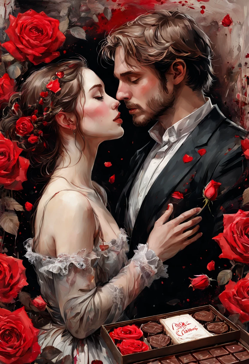 Create an image inspired by the romanticism of great artists, valentine's day, box of chocolate, red roses, intimate, romantic, passion, masterpiece, best quality, 8k, HDR, RGB, oil paints, watercolor, ink,,  by Minjae Lee, Carne Griffiths, Yoann Lossel, Wadim Kashim, Carl Larsson