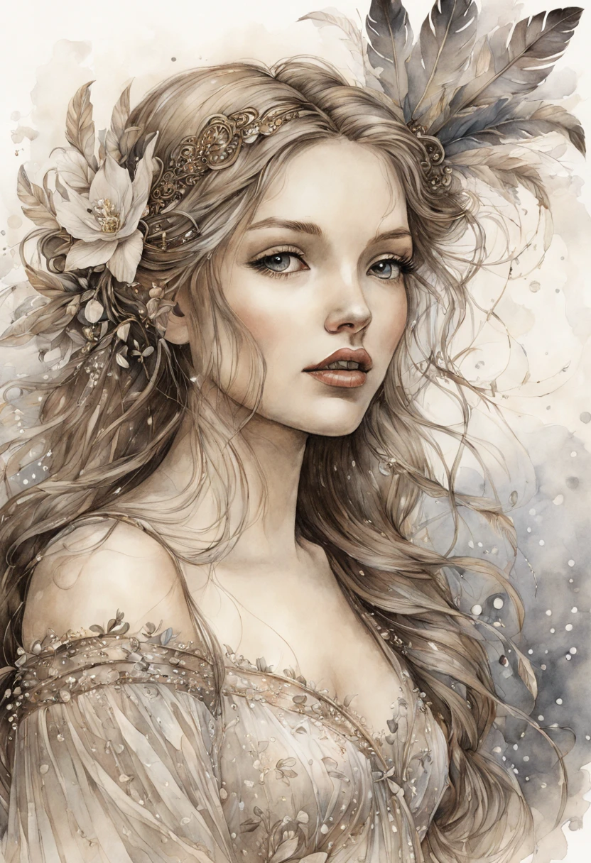 Watercolor and ink illustration of a beautiful girl with long hair adorned with openwork hairpins, draped in light satin and beige chiffon, displaying hyper-detailed ink and filigree work amidst a foggy haze, colors blurring into shades of goose feather, milky stone, and dark almond, accented with glitter and shimmer for a silky, transparent, delicate, and airy effect, as if illuminated from within, inspired by the styles of Jean Baptiste Monge, Thomas K