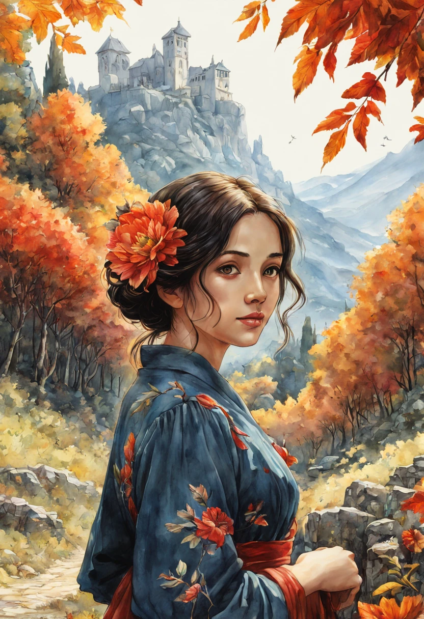 Manga-style girl, 30 years old, ultra-realistic Italian watercolor full-length portrait, intertwined with artistic autumn flowers, set against a forest backdrop, elegance of line, vibrancy of watercolor brushstrokes, highly detailed, sharp focus, smooth transitions, complex, flowing lines, bold color, texture, light, airy compositions, hyper-realistic character designs, matte painting techniques, dramatic, expressive camera angles, essence of matte painting concept art, reminiscing Jean Baptiste Monge