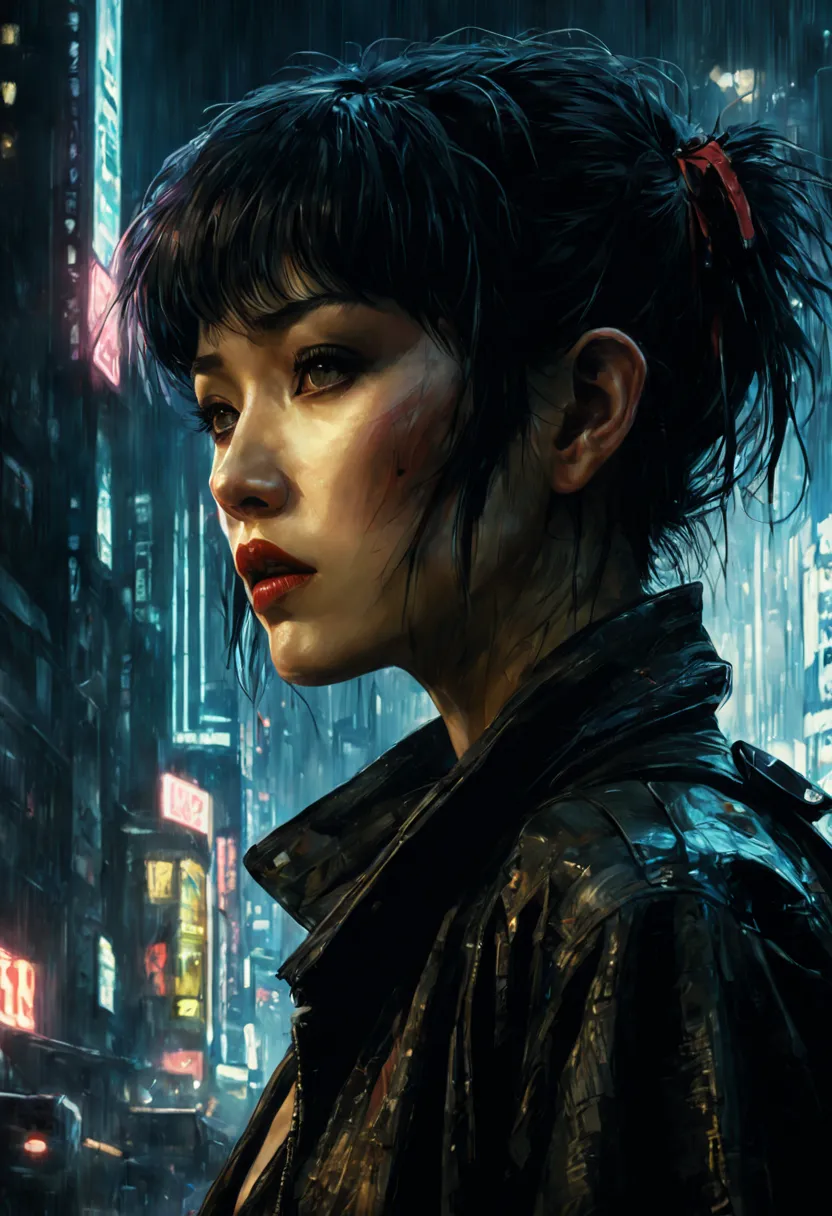 Motoko Kusanagi in Blade Runner 1982, neo noir, cyberpunk, cinema still medium shot 8k
 by Minjae Lee, Carne Griffiths, Yoann Lo...