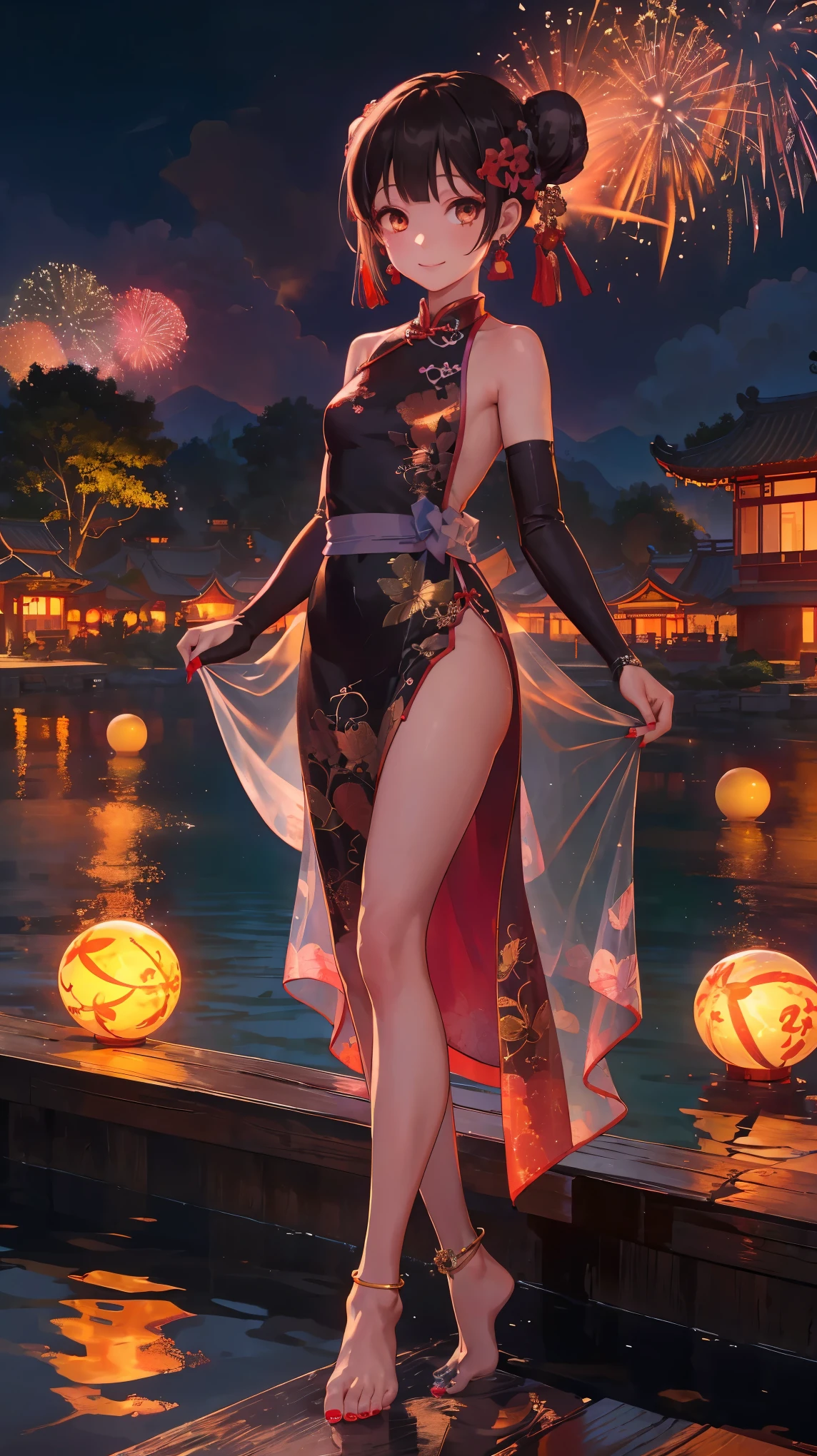 1girl, (Miyu Edelfelt),loli,black hair,brown eyes,seductive smile,nsfw, barefoot, see-through dress, butterfly, butterfly hair ornament, backless dress, chinese clothes,sleeveless, double bun,golden dragon print,bare foot,,elbow gloves,hair bun, hair ornament,jewelry,earrings,anklet,slim legs,nail polish, small breasts, solo, toenail polish, toenails, toes, twintails,outdoor,Chinese style architecture, Chinese style, lake, ancient town, beautiful and meticulous water,the red lantern,fireworks,