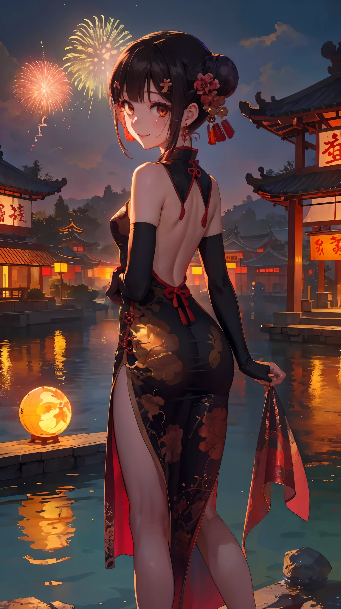 (pov),1girl, (Miyu Edelfelt),loli,black hair,brown eyes,seductive smile,nsfw, barefoot, see-through dress, butterfly, butterfly hair ornament, backless dress, chinese clothes,sleeveless, double bun,golden dragon print,bare foot,,elbow gloves,hair bun, hair ornament,jewelry,earrings,anklet,slim legs,nail polish, small breasts, solo, toenail polish, toenails, toes, twintails,outdoor,Chinese style architecture, Chinese style, lake, ancient town, beautiful and meticulous water,the red lantern,fireworks,