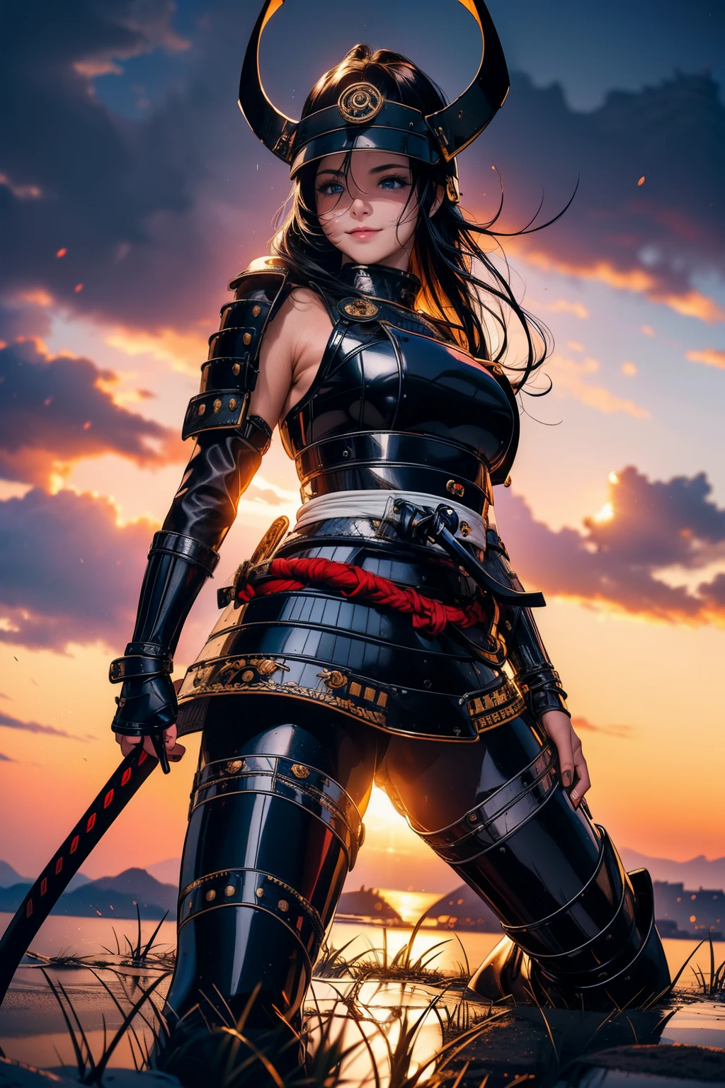 (best quality, masterpiece, ultra high resolution), (8k wallpaper, high-definition, HDR, RAW), (authenticity: 1.4), ((full body shot)), 1girl, ((Anime girl)), ((Samurai girl)), ((Long black hair)), ((Samurai armor)), ((Blue eyes)), ((Open helmet)), amazing muscular body, female curves, wide hips, large breasts, thick thighs, sexy flat tummy, perfect hands, ((hands on her waist)), perfect anime face, ((White tanktop)), ((metal breastplate)), ((Leather trousers)), On a  road, ((Confident smile)), a small castle on the background, contrast illumination, sunlight illumination, sun rays at background