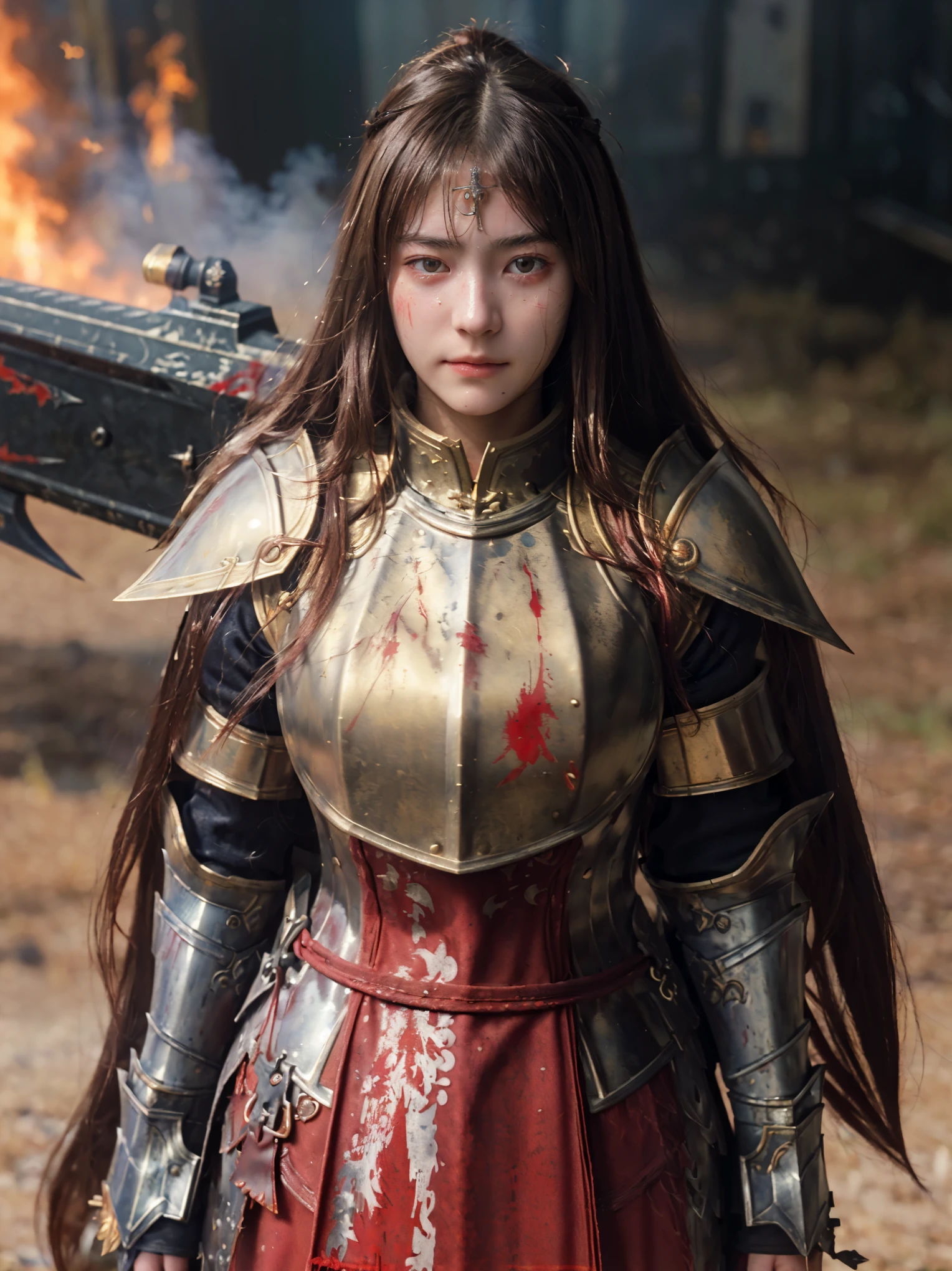 (((Realistic, masterpiece, best quality, crisp detail, high definition, high detail))), 17 years old girl wearing golden armor, japan style heavy armor, full body armor, long straight hair, dirty, sweating, bloodstained face, bloodstained armor, bloodscattered, bloodbath, carnage, long bloodstained sword, in epic war, fire and smoke everywhere, death anywhere
